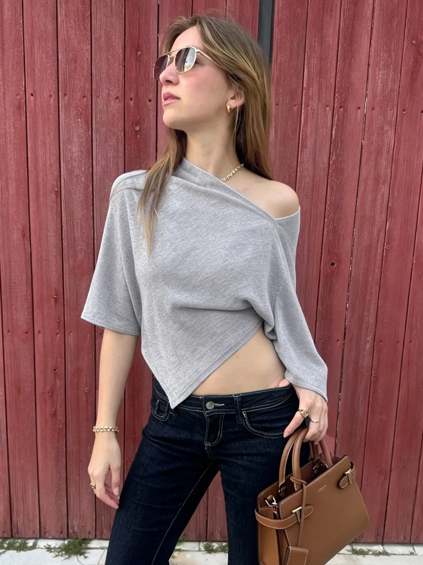 Relaxed Asymmetrical Off-Shoulder Top, Comfortable T-Shirt, Knitted Fabric, Casual Daily Wear, Office Commute, Simple Fashion