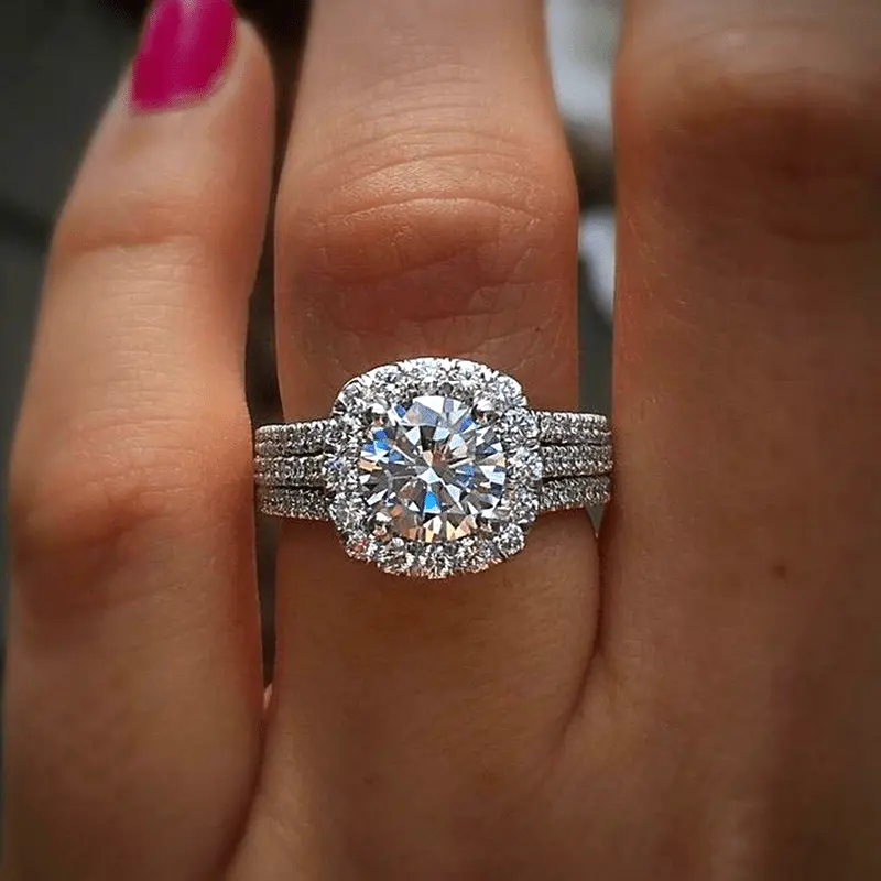 1.5CT Round Cut CZ Engagement Ring for Women, Double Cushion Halo with Triple Pave 3-Row Band, White Gold-Plated Jewelry for Wedding & Bridal Shower, Engagement Rings, Rings For Women
