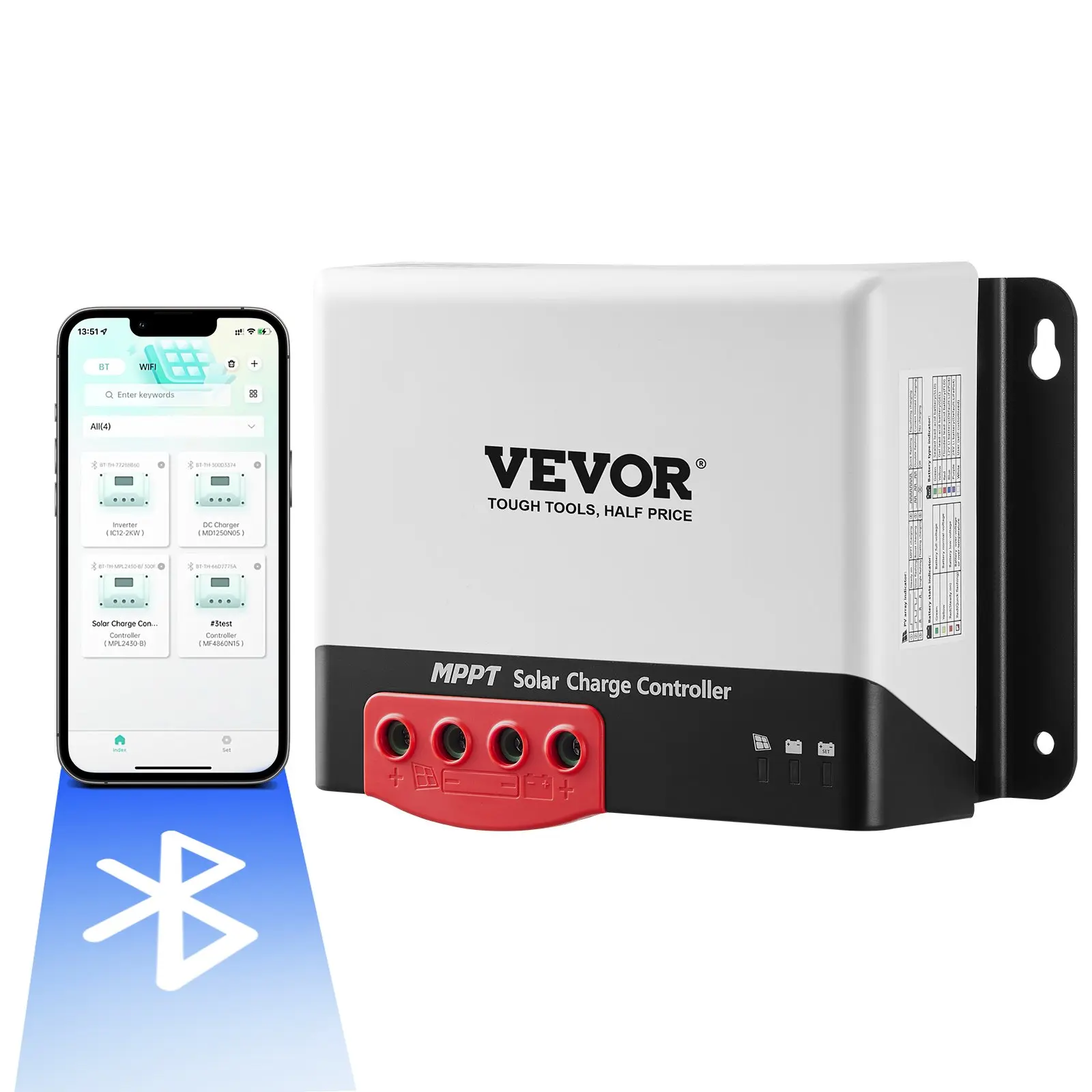 VEVOR 50A MPPT Solar Charge Controller, 12V/ 24V Auto DC Input, Solar Panel Regulator Charger with Bluetooth Module, 98 Charging Efficiency for Sealed(AGM), Gel, Flooded and Lithium Battery Charging