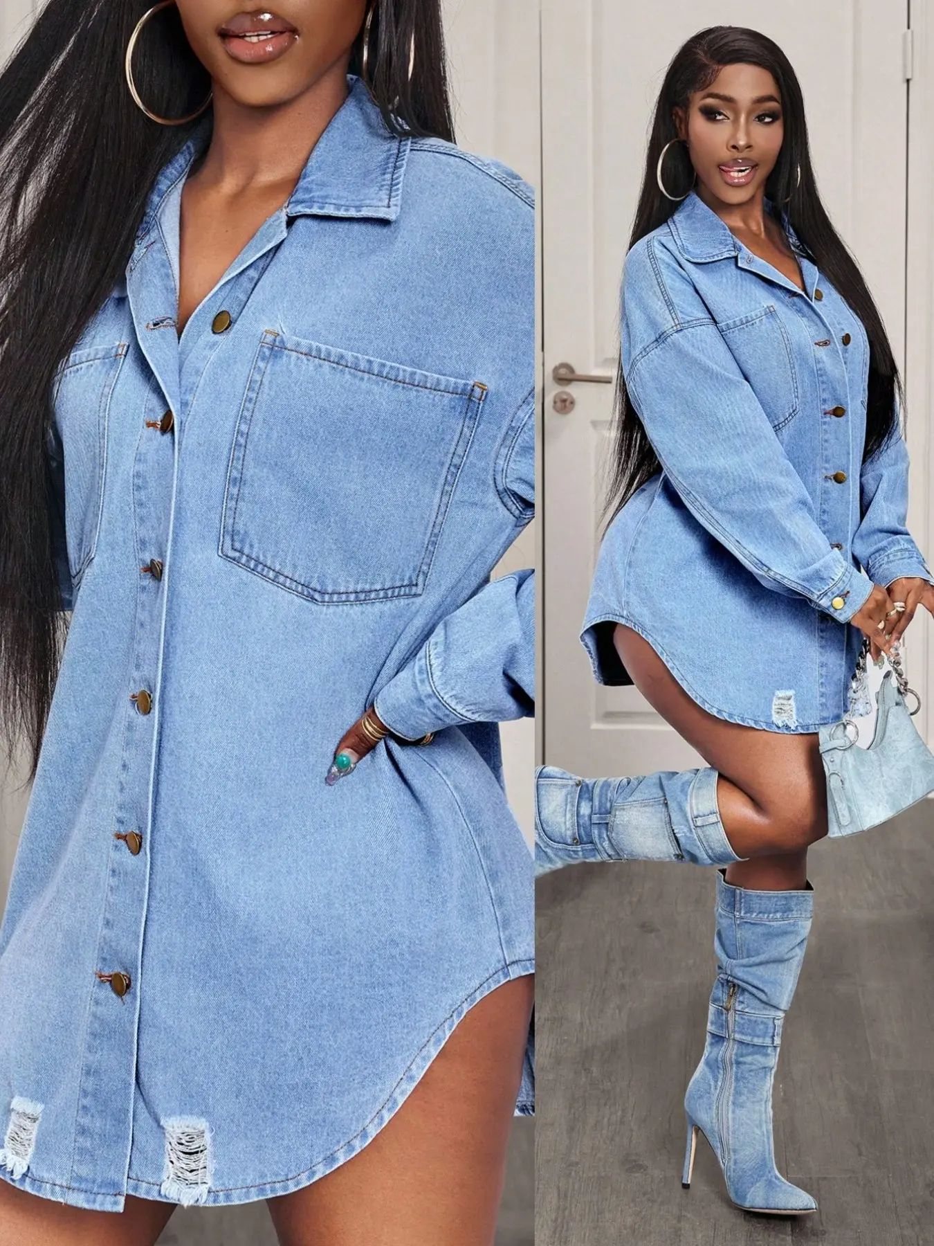 Long Ripped Denim Shirt Dress, Casual Loose Fit, Button Front, Long Sleeve, Round Neck, Summer Fashion, Women's Clothing