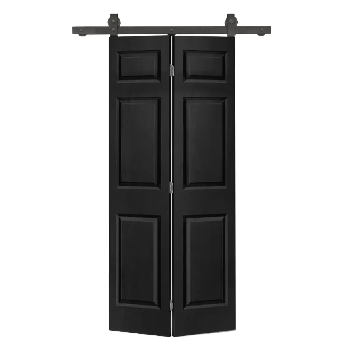30 in.x 80 inches.6-Panel Black Painted MDF Composite Bi-Fold Barn Door with Sliding Hardware Kit