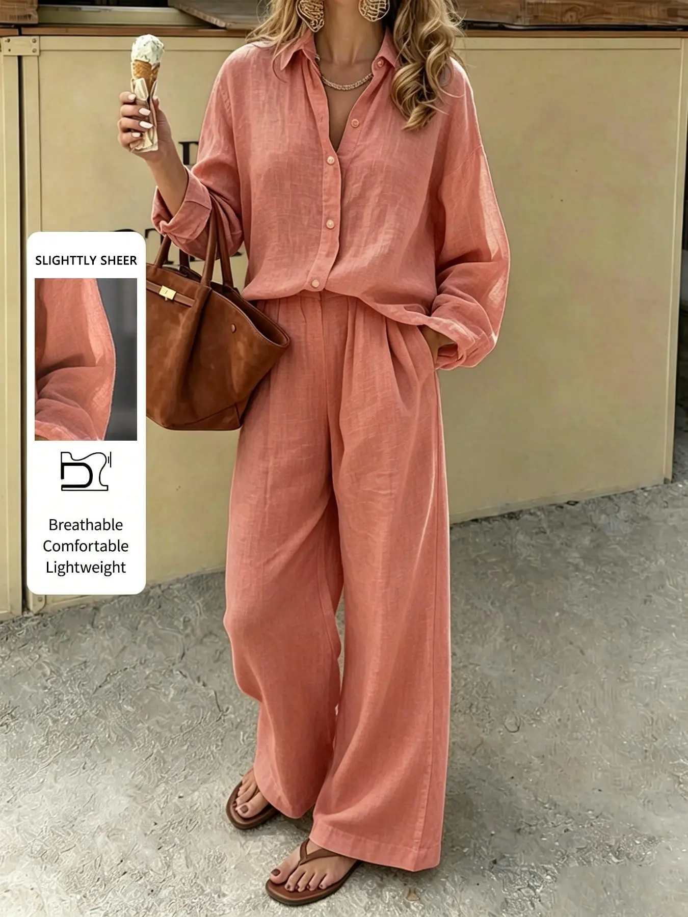 Women's two-piece set, loose long-sleeve shirt, high-waist wide-leg pants, lightweight and breathable casual suit, loose and comfortable fit, minimalist summer vacation outfit, stylish everyday street casual wear, suitable for travel and beach wear, Chic