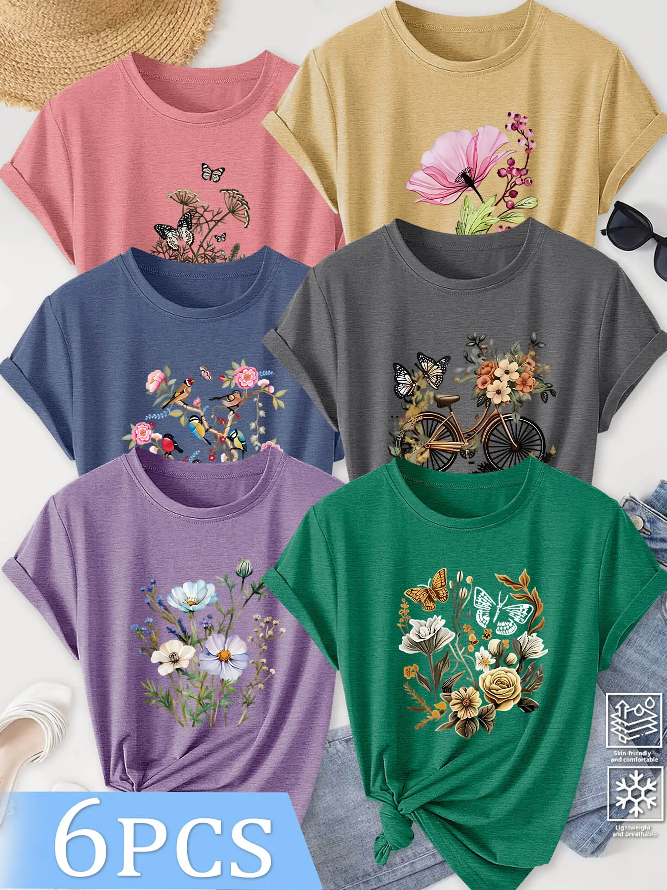 6Pcs Women Crew Neck T-Shirt, Pastoral Floral Bird Vintage Bicycle Fresh Forest Print, Multi-color Washable Spring Summer Top, Soft Skin-friendly Fabric Daily Versatile Fashion Design