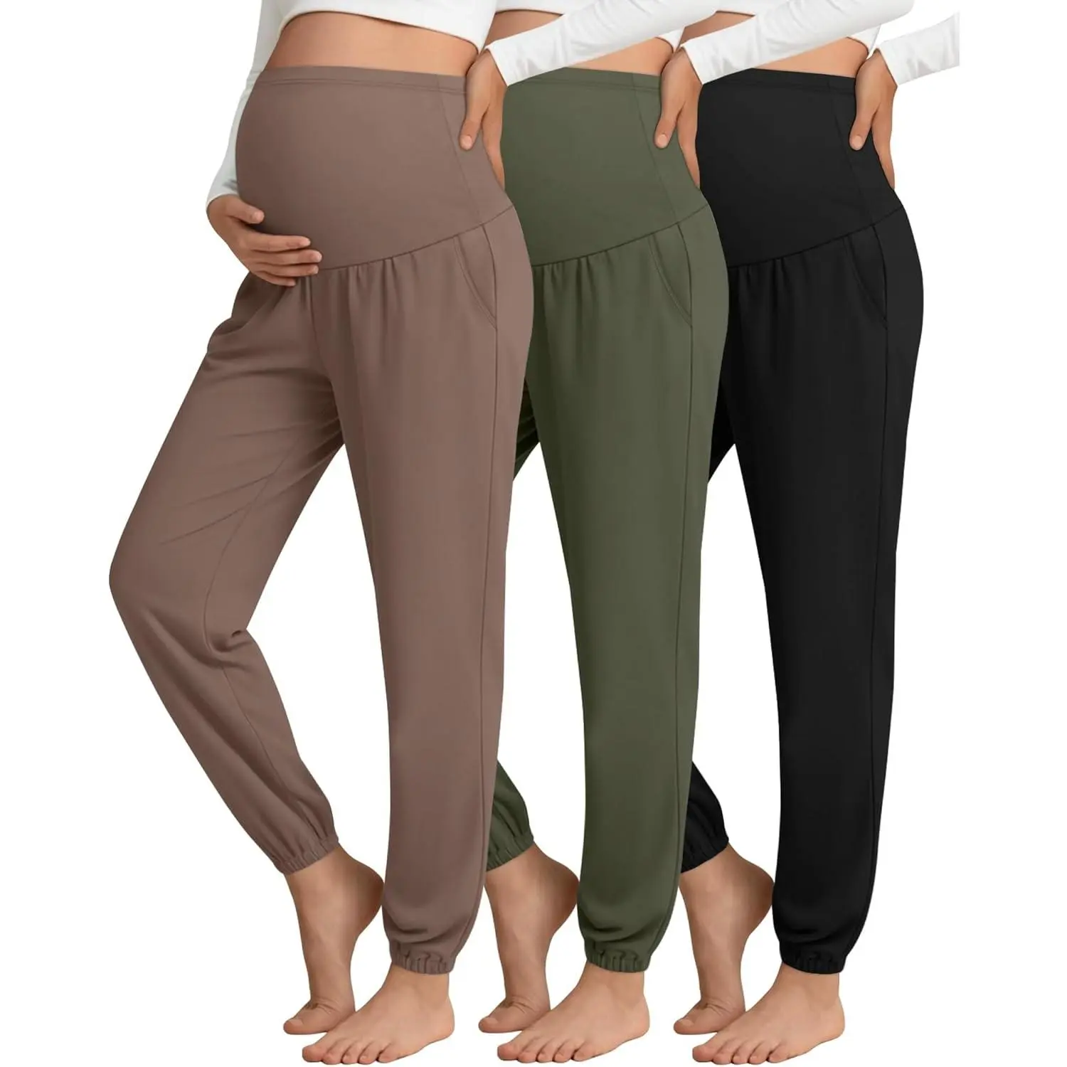 Women's 3-Pack Solid Over Belly Maternity Jogger Sweatpants, Stretchy Pregnancy Pants with Pockets