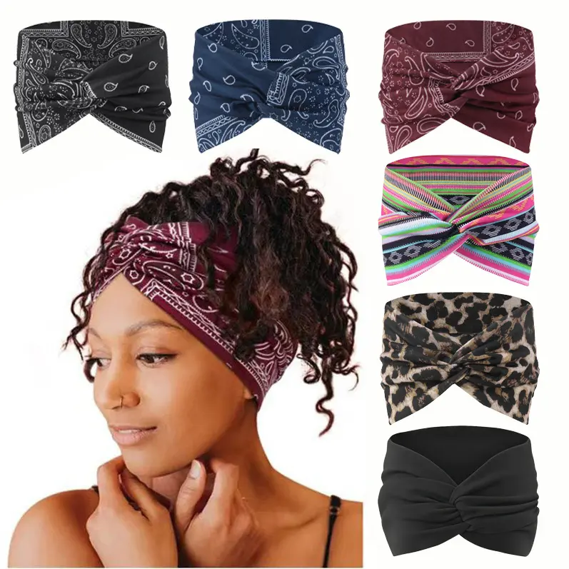 6-Pack Wide Boho Headbands for Women, Soft Polyester Twist Knot Hair Accessories, Stretchy Non-Slip for Athletic Sweat Management