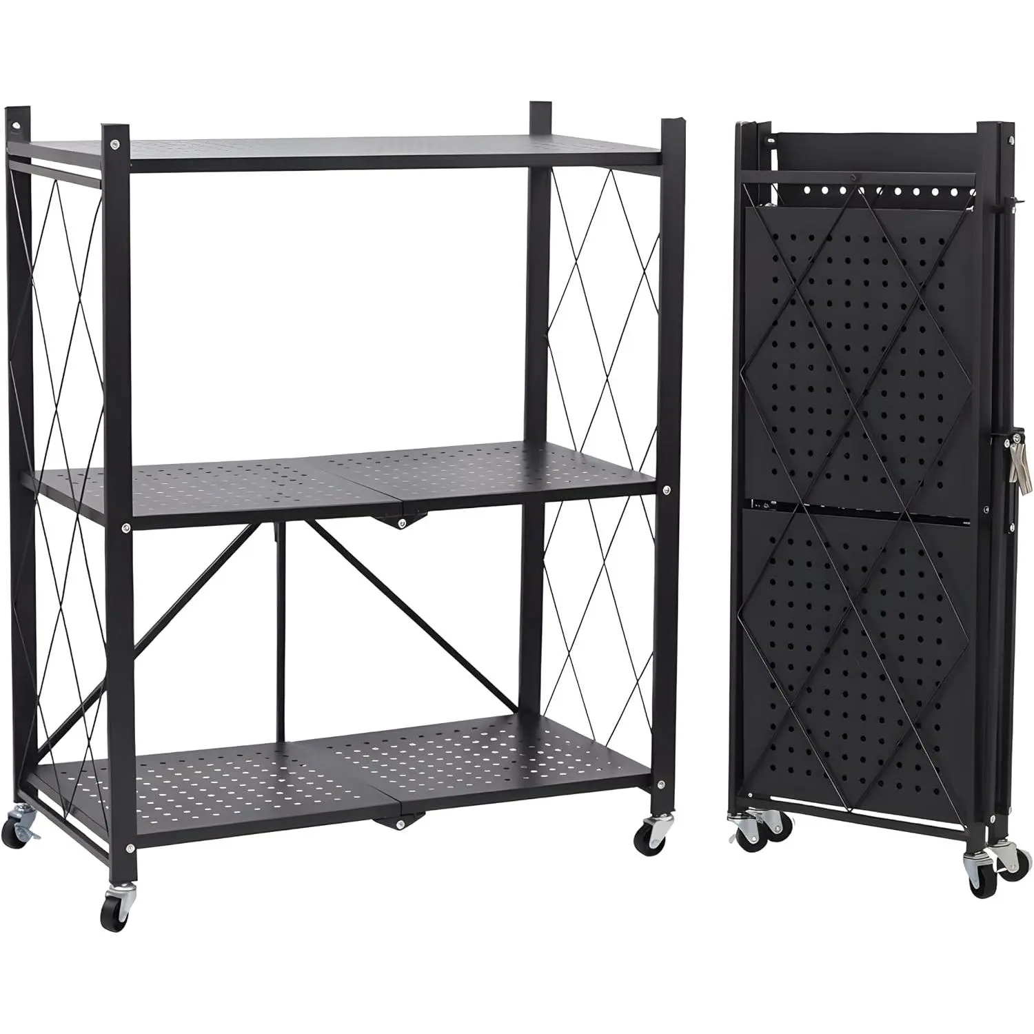 3-Tier Folding Shelf, No Assembly Metal Shelving Unit with Wheels, Heavy Duty Folding Bookshelf, Space Saving Foldable Storage Shelf for Kitchen, Books, Pantry, Bathroom Organization