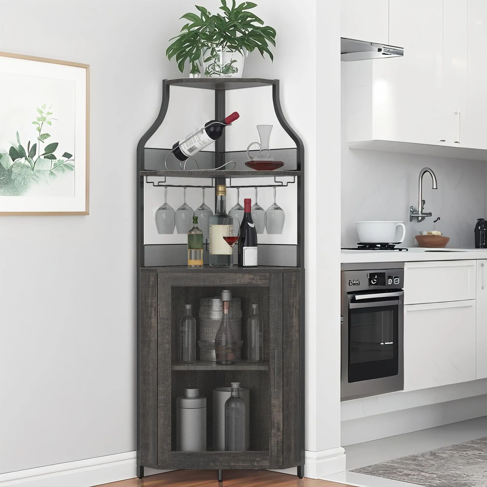 GARVEE Corner bar cabinet, wine bar cabinet with large storage space and removable wine rack, wine cabinets with glass holder and mesh door for dining room