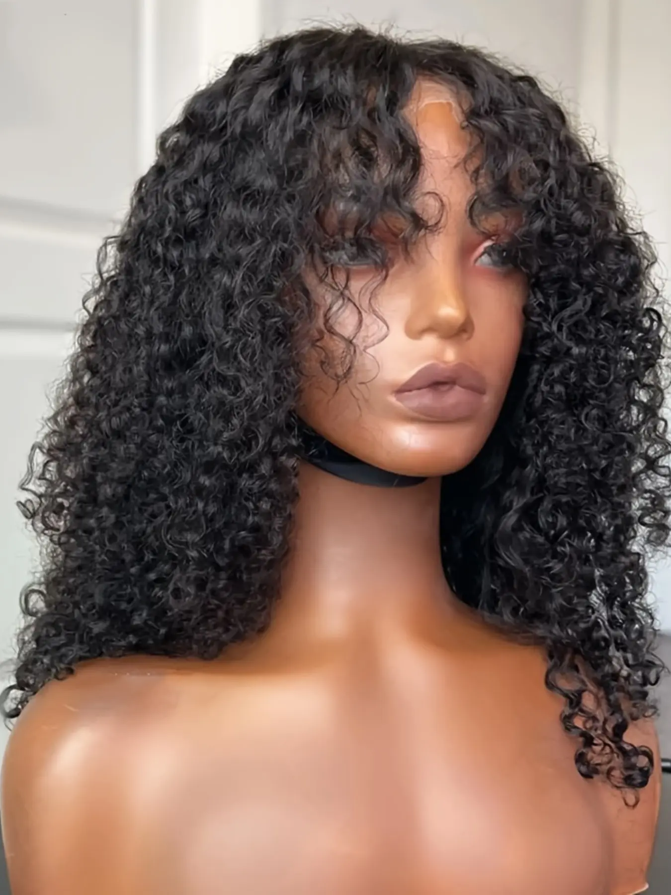 Soft Long 26 Inch 180 Density Natural Black Kinky Curly With Bangs Deep 13x4x1 Front Lace Wig, Glueless  Synthtic Pre-Plucked Heat Resistant Daily Wear Wig