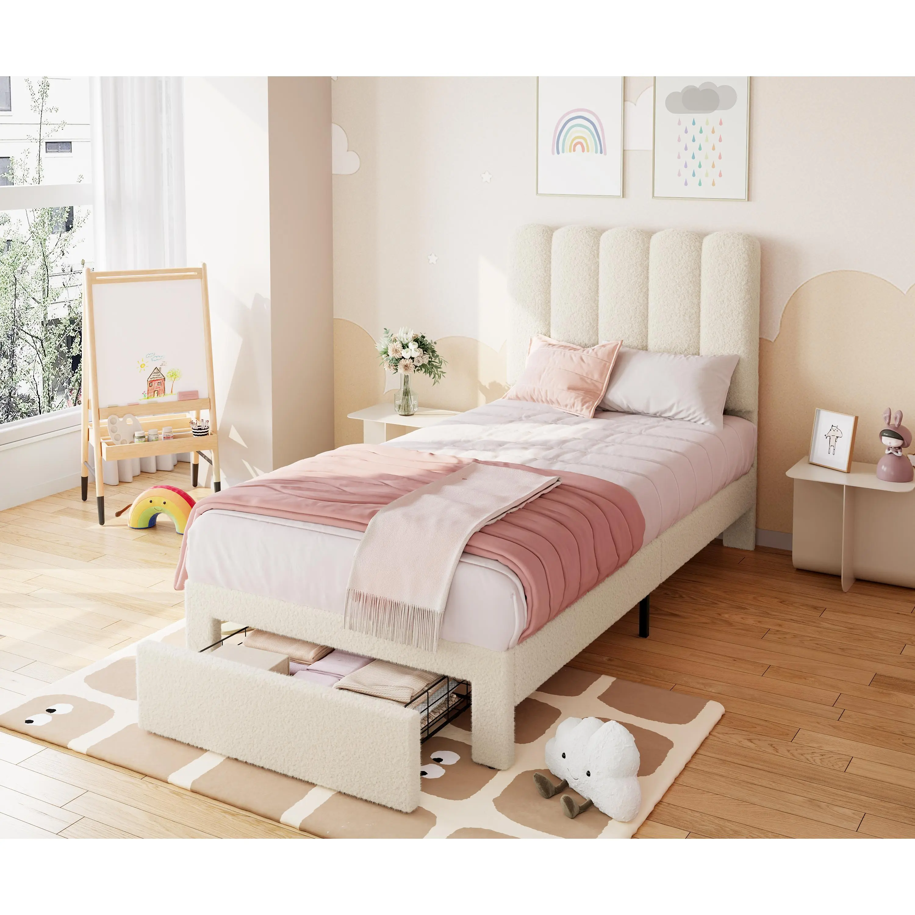 Twin Storage Bed with Wave Headboard – Velvet Upholstered Platform, Sturdy Wood Slats, Noise-Free, Easy Assembly – Low Profile, Beige or Pink