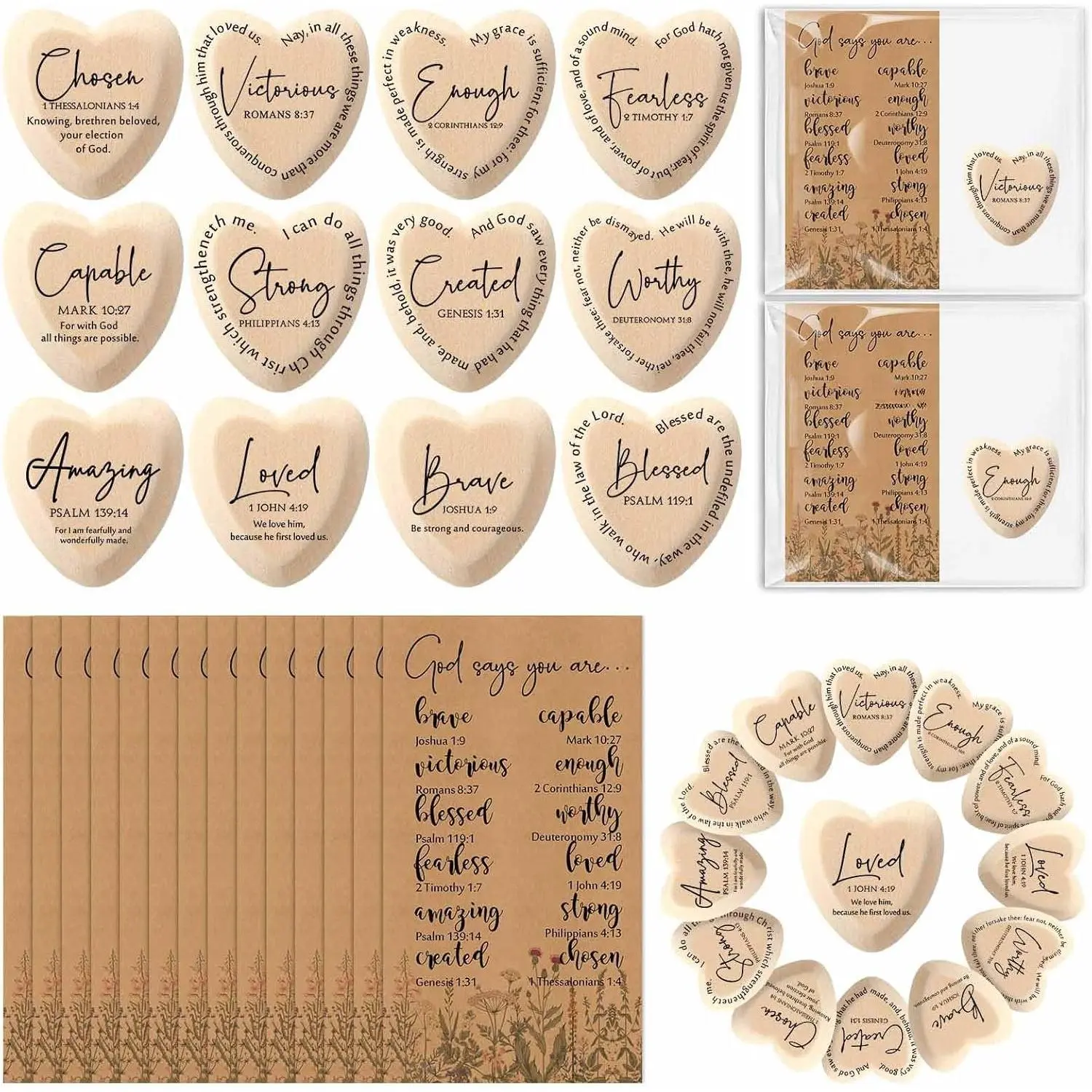 24 Set God Says You are Inspirational Christian Church  Religious Wooden Pocket Heart Token  Verse  Affirmation Favor Encouragement Scripture Card for Women Men
