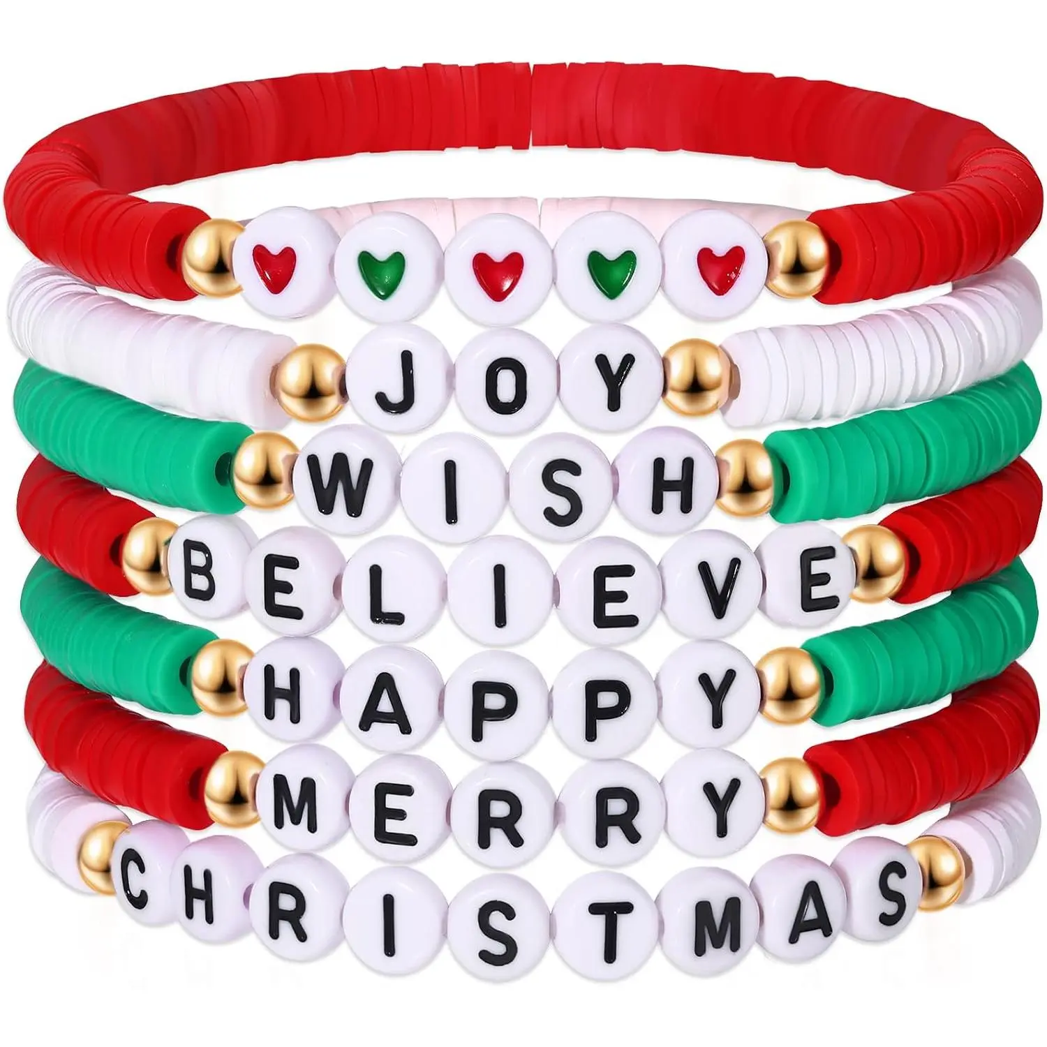 Christmas Beaded Stretch Bracelets Stackable Polymer Clay Disc Beads Bracelets Heishi Surfer Perppy Adjustable Bracelets