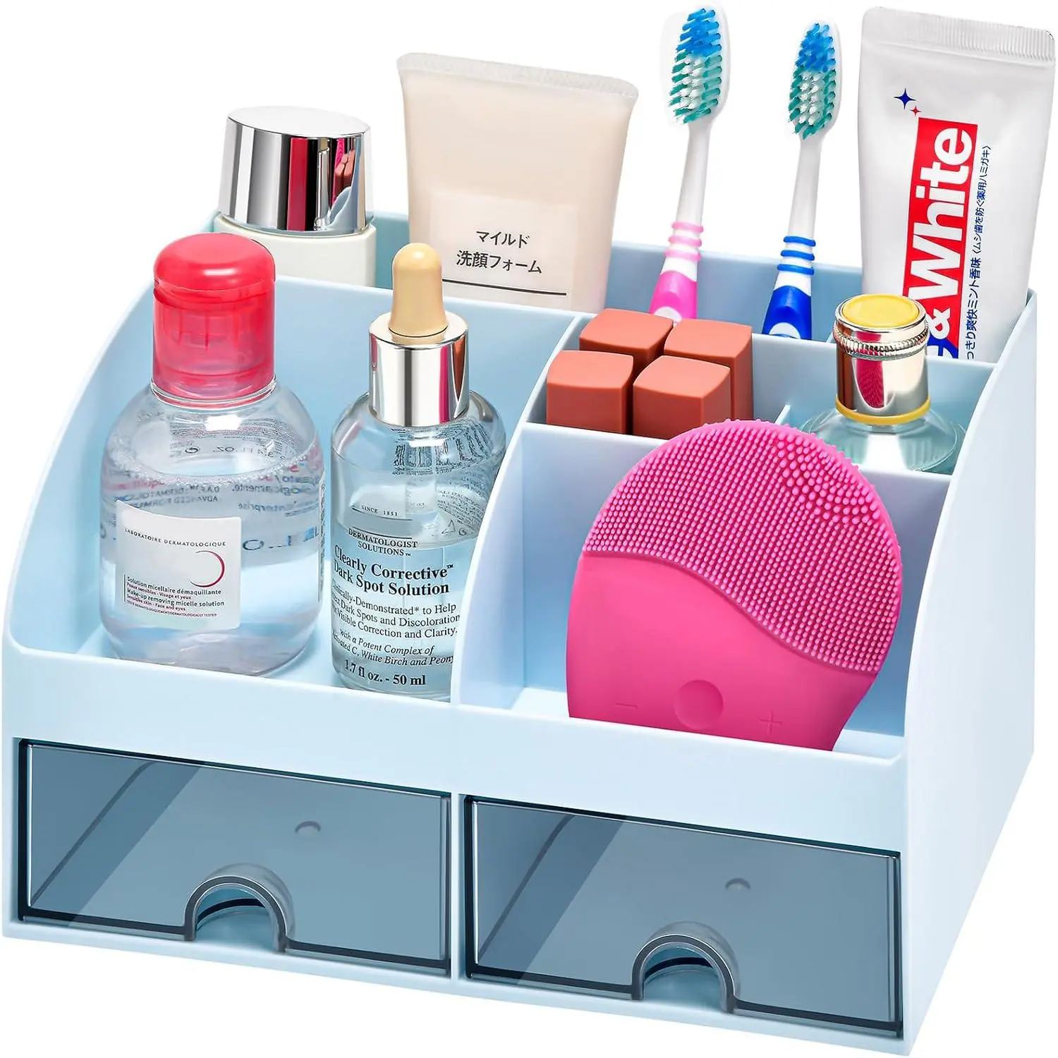 Holders for Bathrooms Countertop, 5 Slots  Bathroom Counter Sink Organizer with Drawers, Plastic Bathroom Organizer for /Makeup/Office Blue