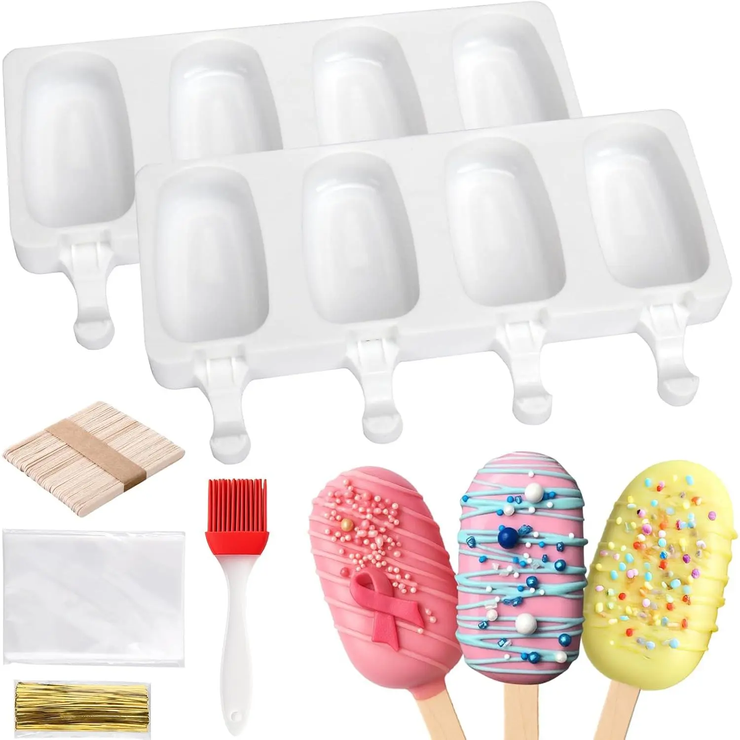 [Summer Essentials]Mity rain 2 Pack Cake Pop Mold Silicone, 8 Cavity Reusable Cakesicle Molds with 100 Sticks & Parcel Bags for Baking, Lollipops, Ice Cream, DIY Desserts, Cake Pop Maker Kit Easy Releasegift