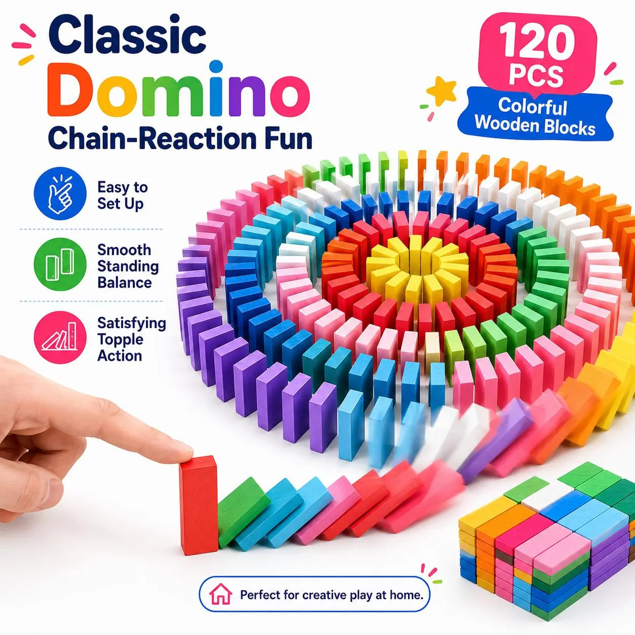 120 Pcs Colorful Wooden Domino Blocks Set Tile Bulk Building Racing Stacking Games Educational Toys for Kids Birthday Party Favor High-Quality Material, Smooth Surface, Ideal for Chain Reaction Challenges, Creative Designs, Team Building