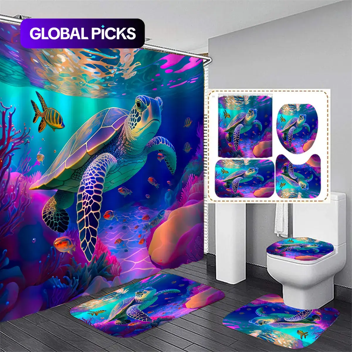 Colorful Turtle Pattern Bathroom Set, 4pcs/set Including Shower Curtain, Toilet Mat, Bathroom Mat & Toilet Lid Cover, Aesthetic Bathroom Decor, Waterproof Bathroom Decoration Accessories, Shower Curtain Set #GLOBAL PICKS
