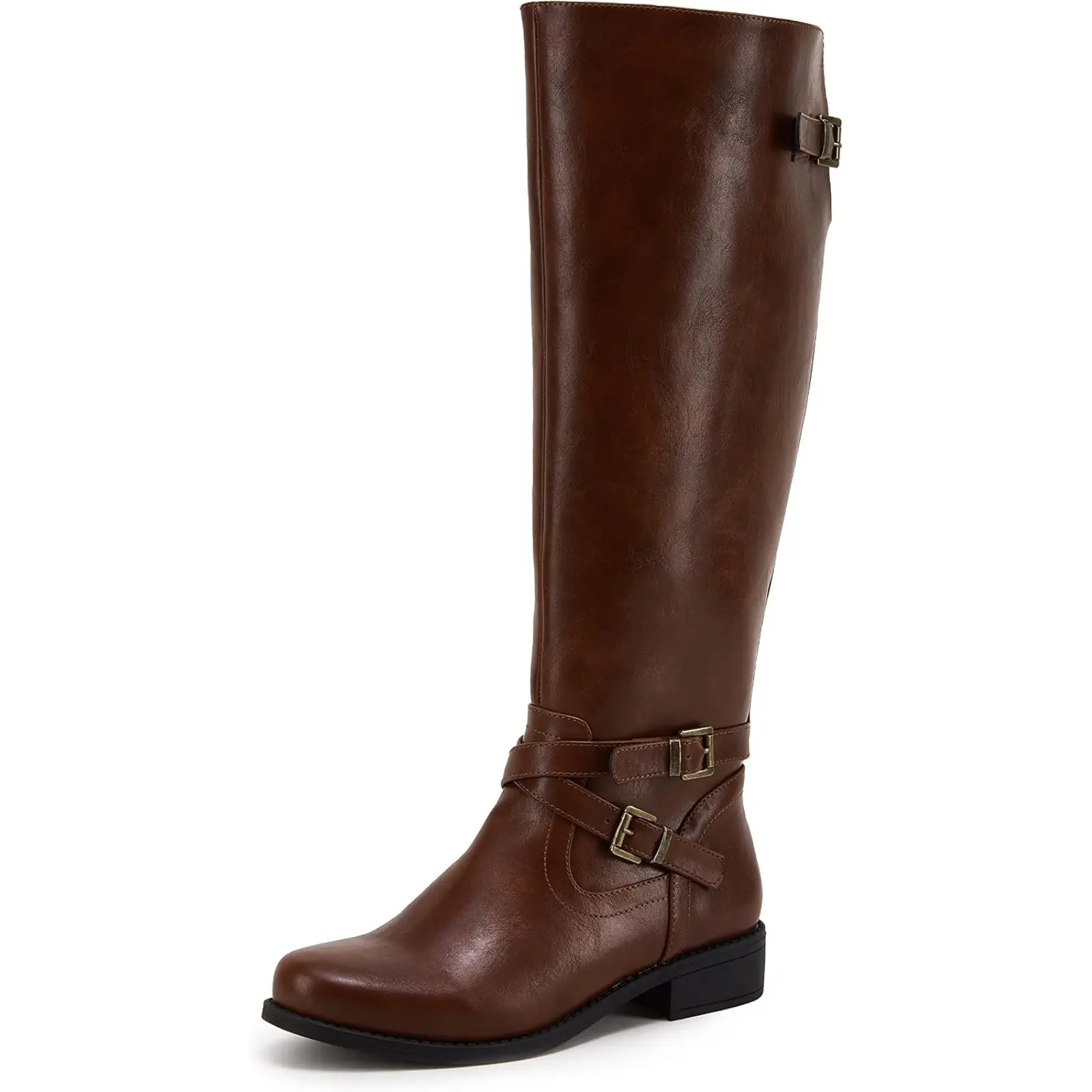 Coutgo Women's Knee-High Riding Boots - Plain Faux Leather, Wide Calf Fit, Flat Low Heel, Side Zipper, Round Toe, Rubber Sole, Breathable, Lightweight, Minimalist, All Seasons Casual Walking Footwear