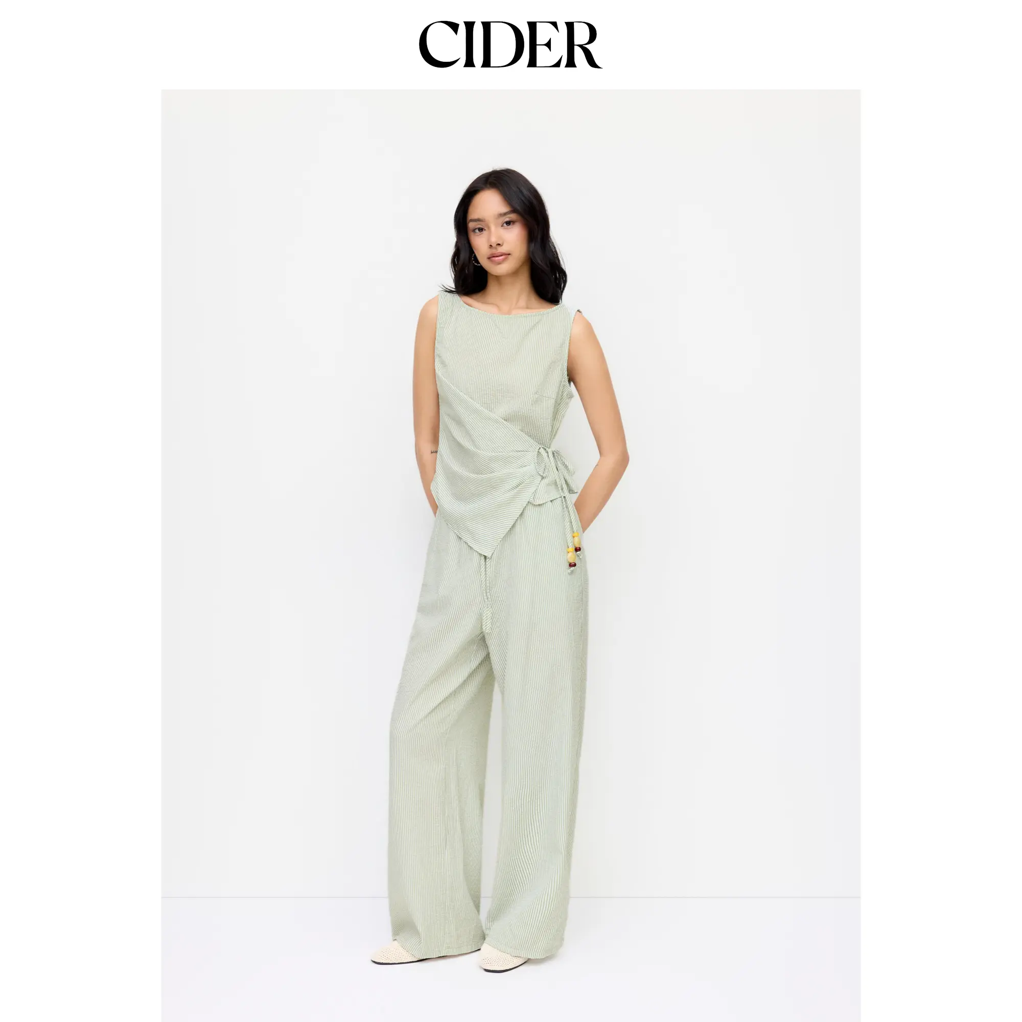 Cider Cotton-blend Boat Neck Wrap Top & Mid Rise Wide Leg Trousers Set SohoChic