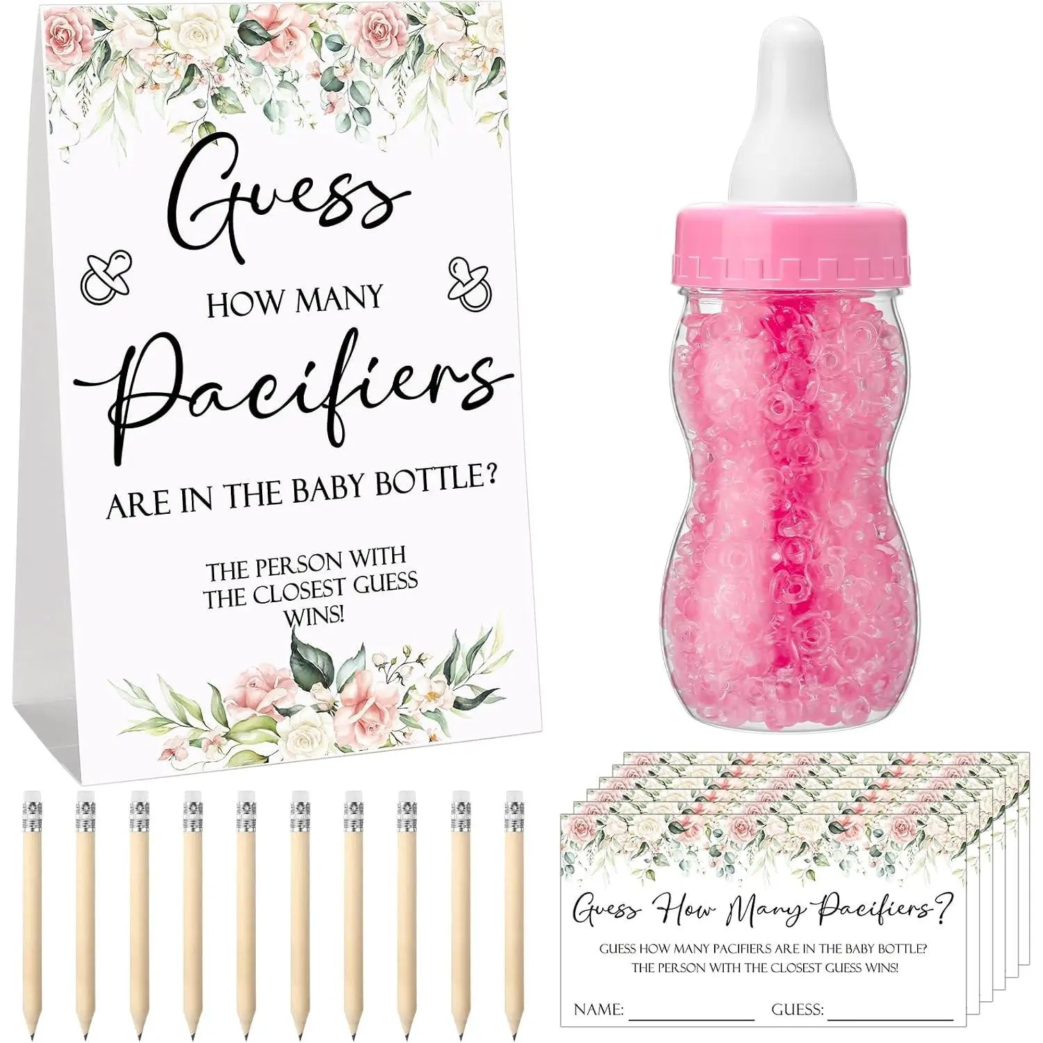 512 Pcs Baby Shower Games Guess How Many Pacifiers Sign 100 Small Guessing Games 10 HB Pencils 750ml Milk Bottle 400 Acrylic Pacifiers Decoration for Guest Gender Reveal(Pink,Flower)