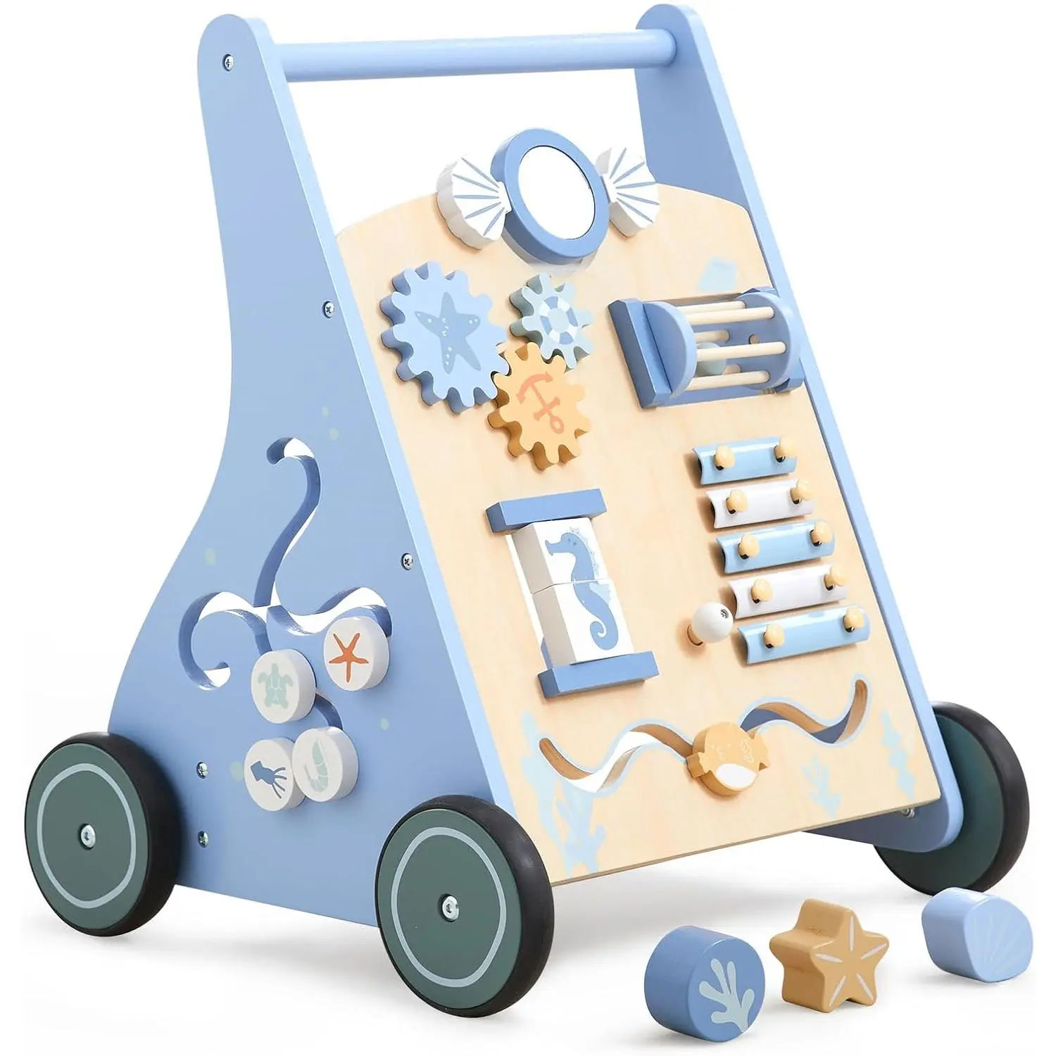 Wooden Baby Walker Push and Pull Learning Activity Walker with Wheels Montessori Walker Toy Multiple Activities Center Develops Motor Skills & Stimulates Creativity (Blue)