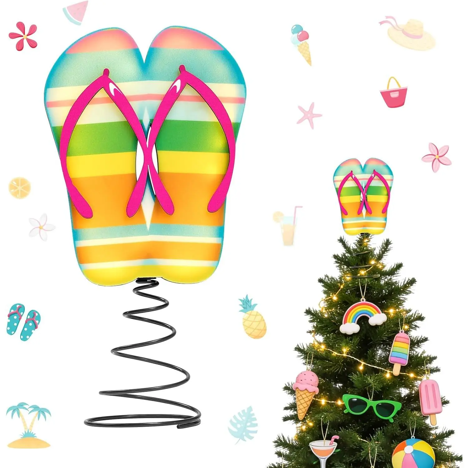 Women's Decorative 10x5.2in Lightweight Metal LED-Lighted Wood Tree Topper with Flip Flop Sandals, Cordless Battery-Powered for Tropical Christmas Luau Beach Theme Decor, Tabletop Adult Use
