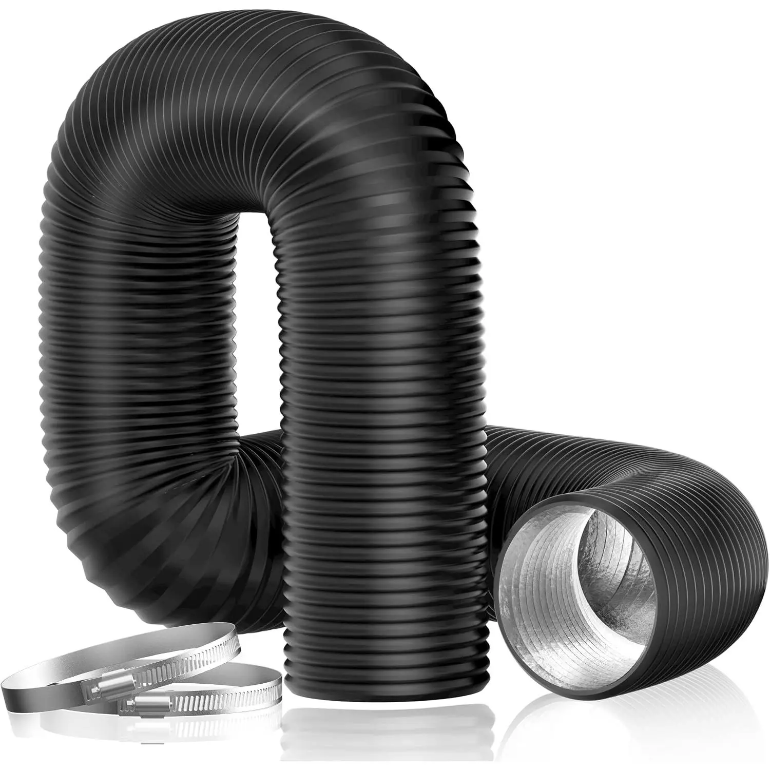 GJANSH Dryer Vent Hose, 4'' Flexible Duct 16FT with 2 Duct Clamps, Heavy-Duty Three Layer Protection, Black PVC, for HVAC Ventilation, Duct Fan Systems