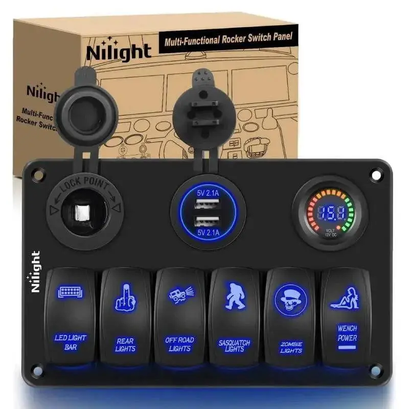 Nilight 6-Gang Aluminum Laser-LED Illuminated Blue ON/OFF Rocker Switch Panel - Non-Wi-Fi Pre-Wired Cord Switches, Dual USB Charge Station, 12-24V DC Voltage Met, Screws, Lighter Compatibility, LED Lights
