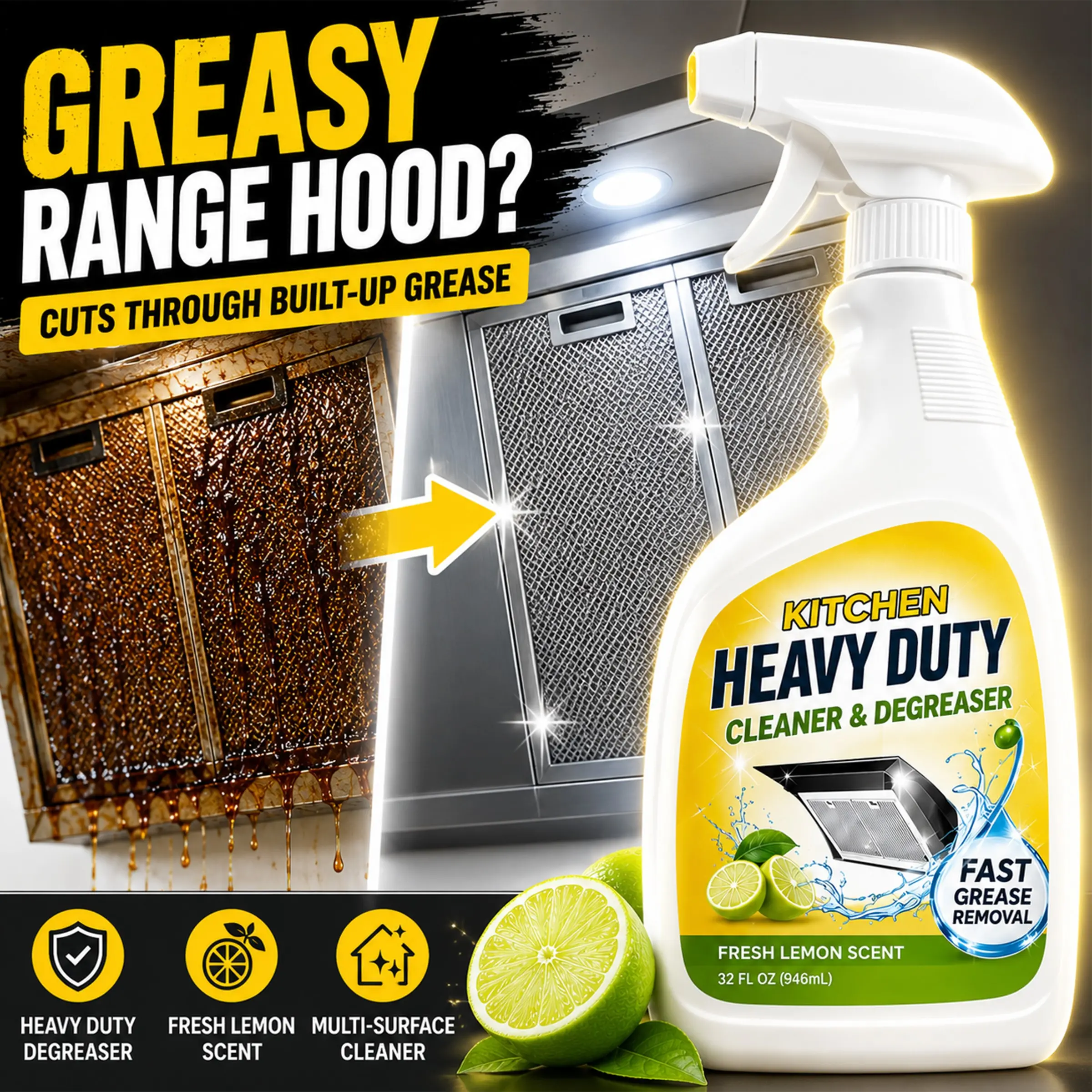 Kitchen spray cleaner, kitchen cleaners, Multipurpose degreaser, antibacterial lemon scent, quickly removes grease without residue, gentle on hands, suitable for kitchen countertops, ovens, and various appliances, 99.9% sterilization