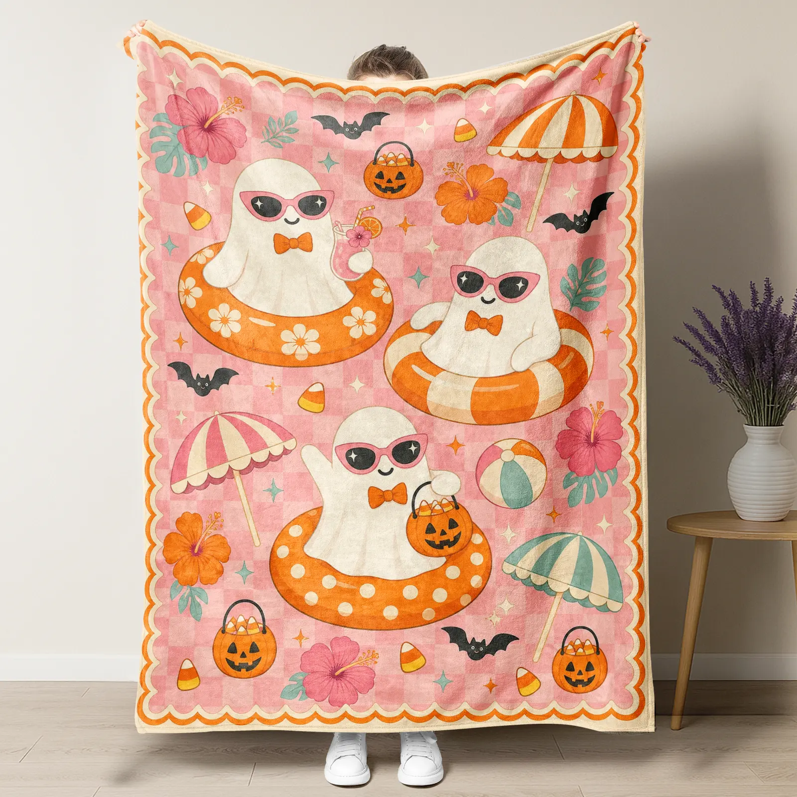 Summerween Cute Ghost Throw Blanket,Pink Checkerboard Beach Ghost Hibiscus Flower Bat Jack O Lantern Candy Corn Print Soft Fluffy Flannel Blanket,Pastel Pink Tropical Spooky Summer Fall Sofa Bed Decor Holiday Gift Blanket