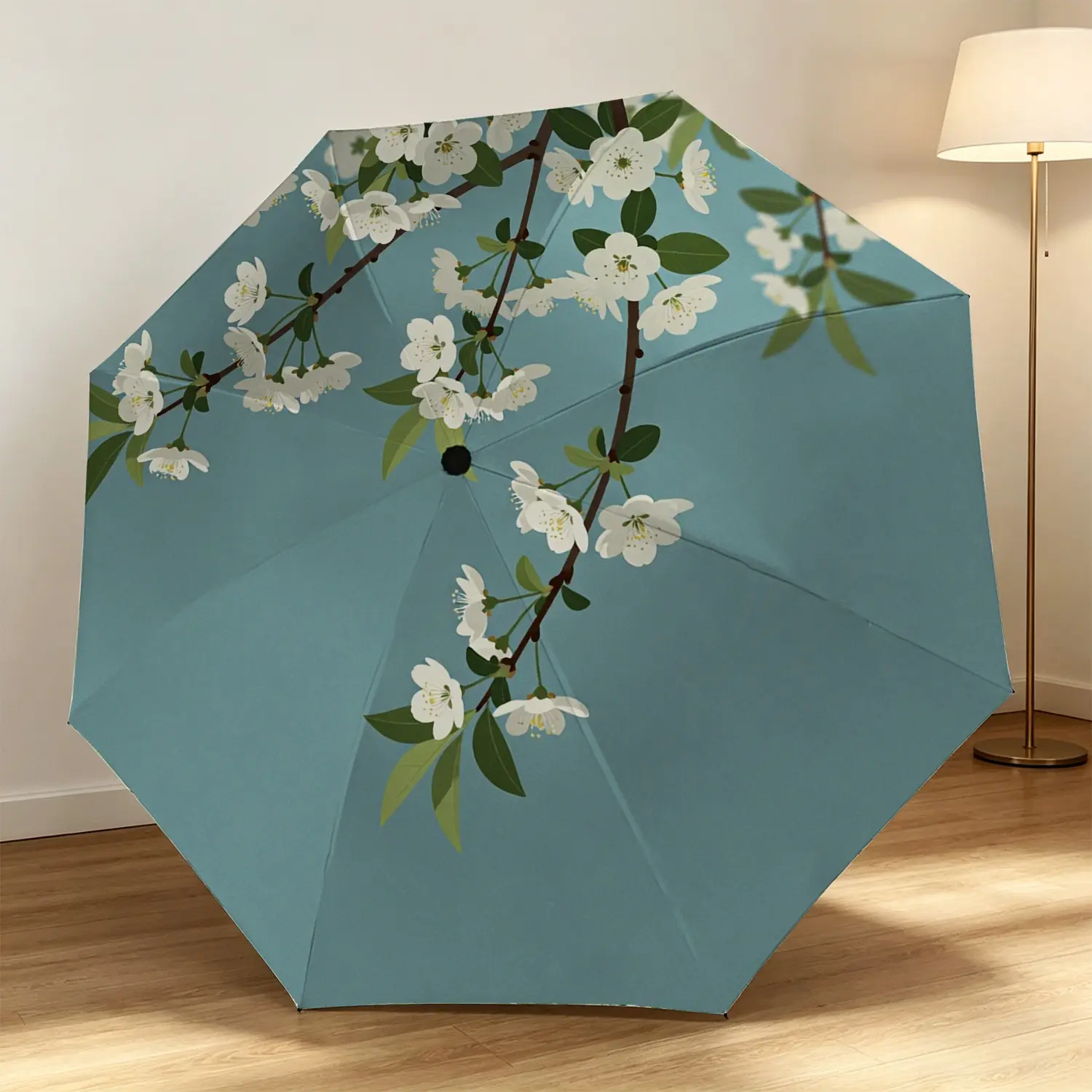 Auto Folding Umbrella with Cherry Blossom Design, 8-Rib Glass Fiber Frame, Plastic Handle, Wind-Resistant, Ideal Gift for Halloween & Christmas