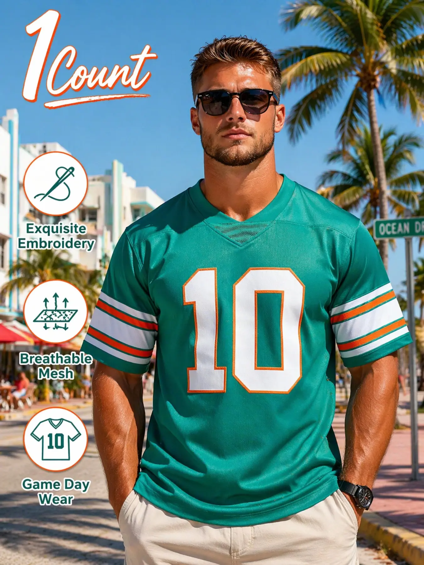 Men's #1 #10 #13 Stitched Miami Football Jersey, Teal Green with Orange White Striped Sleeves, Breathable Embroidered American Football Shirt for Game Day & Casual Wear
