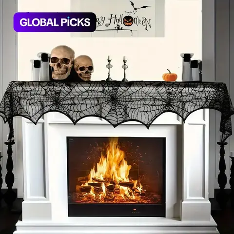 Halloween Lace Spider Web Fireplace Scarf Table Cover, Halloween Home Decor, Festive Home Decoration, Spooky Spider Design Party Decoration #GLOBAL PICKS