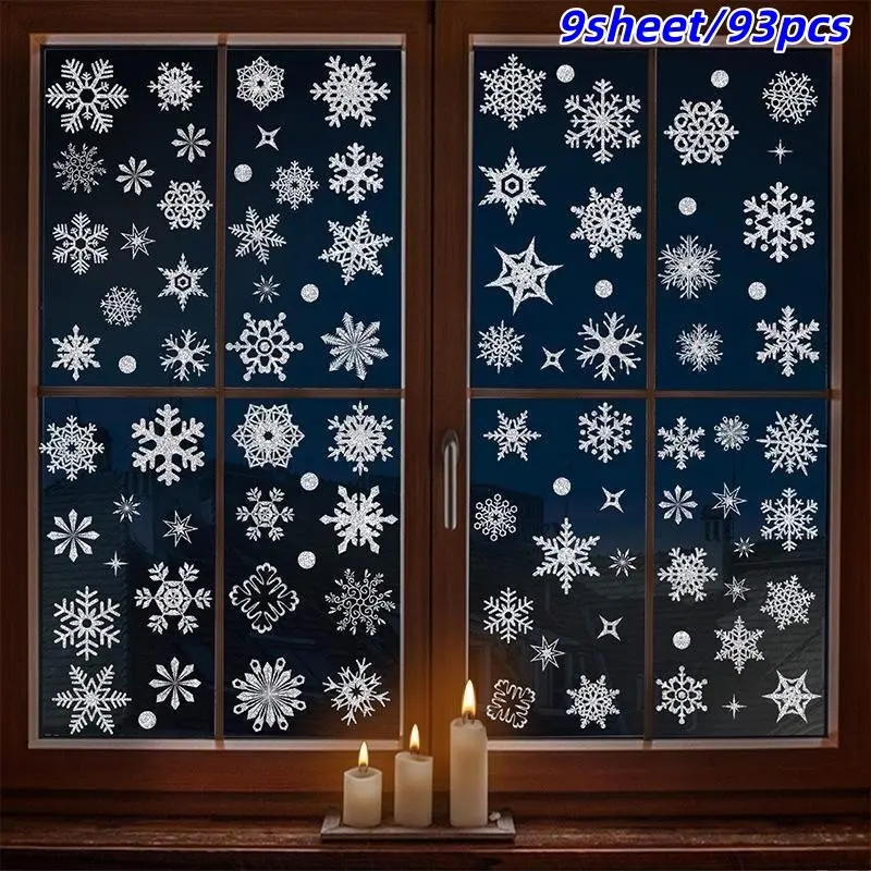 9 Sheets/93pcs Glitter Snowflake Window Stickers, Winter Wonderland Decor, Christmas Party, Holiday Decoration, Room & Office Decor