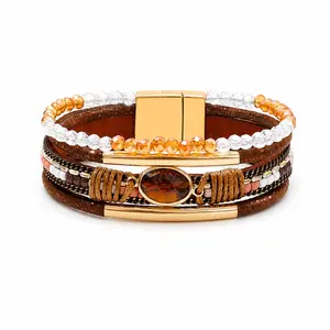 Boho PU Leather Beaded Wrap Bracelet for Women, Multilayer Seed Bead Braided Cuff Bracelet, Magnetic Clasp Wide Wristband, Lightweight Stackable Fashion Jewelry for Daily Wear, Beach, Vacation, Festival, Summer Outfits, Gift for Her