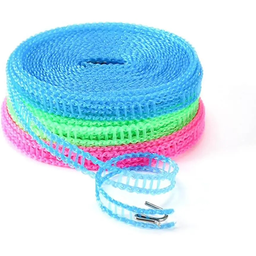 3PCS Windproof Nylon Clothesline with Hooks - Adjustable Portable Foldable Retractable Noiseless Washing Line (5m/197in) for Indoor Home, Outdoor Camping - Pink, Blue, Green Colors, Portable Foldable Washing Lines, Retractable Noiseless Washing Lines