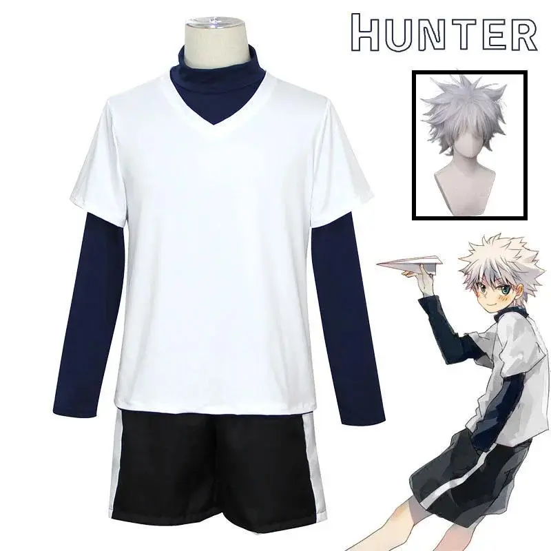In Stock Killua Zoldyck Cosplay Costume Hunter × X Hantaa Kirua Zaoldyeck T shirt Full Set Wig Halloween Xmas New