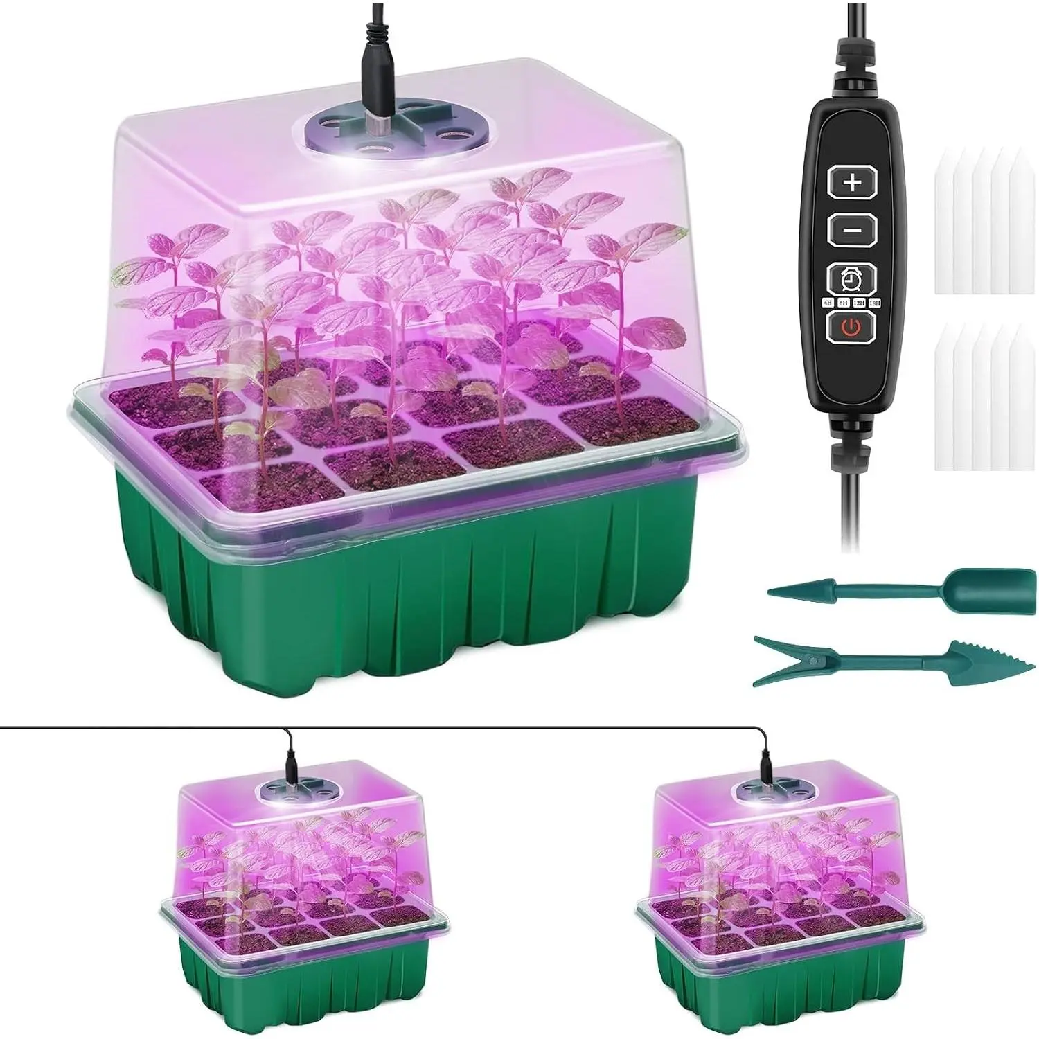 Seed Starter Trays with Grow Light Kit, 2 Pack Plant Greenhouse Propagator 12-Cell Tray, Humidity Temperature Vented Dome, Green Base, Brightness/ Timing Controller and Gardening Tools for Indoor Use