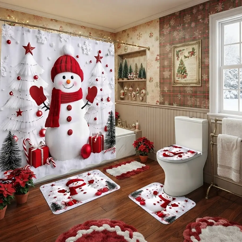 4pcs Cute Snowman White Xmas Tree Bathroom Shower Curtain Set, Red Ornament Candy Cane Gift Box Snowflake Art Bath Mat & Toilet Seat Cover Combo, The floor mat fabric is thicker and softer! Warm Winter Christmas Farmhouse Decor for Washroom