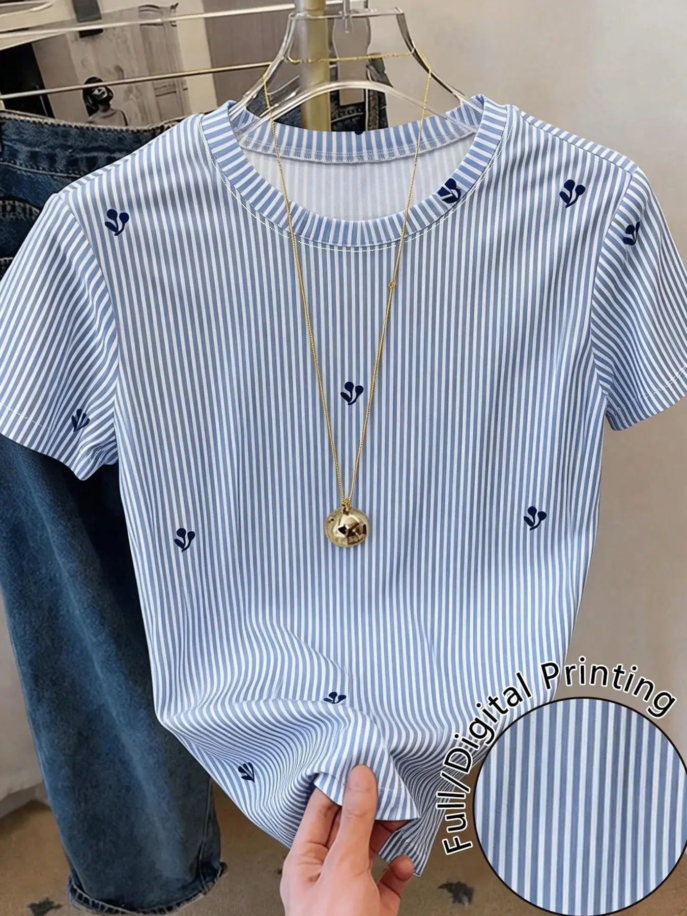 American Style Women's Short Sleeve T-Shirt, Fine Striped Patchwork Design, Cherry Pattern, Comfortable Breathable Fabric, Casual All-Season Wear