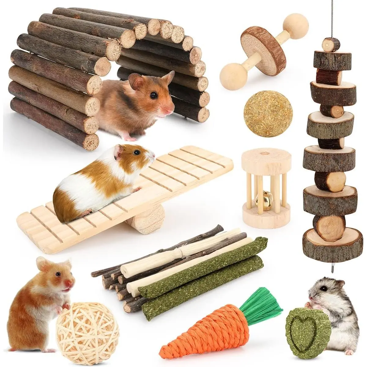 Small Animal Chew Toys & Accessories Variety Pack - 12 Natural Wicker Molar Tools, Adorable Hideout Seesaw, Tasty Treats, Bunny Rabbit Supplies Halloween Enrichment Pet Toys