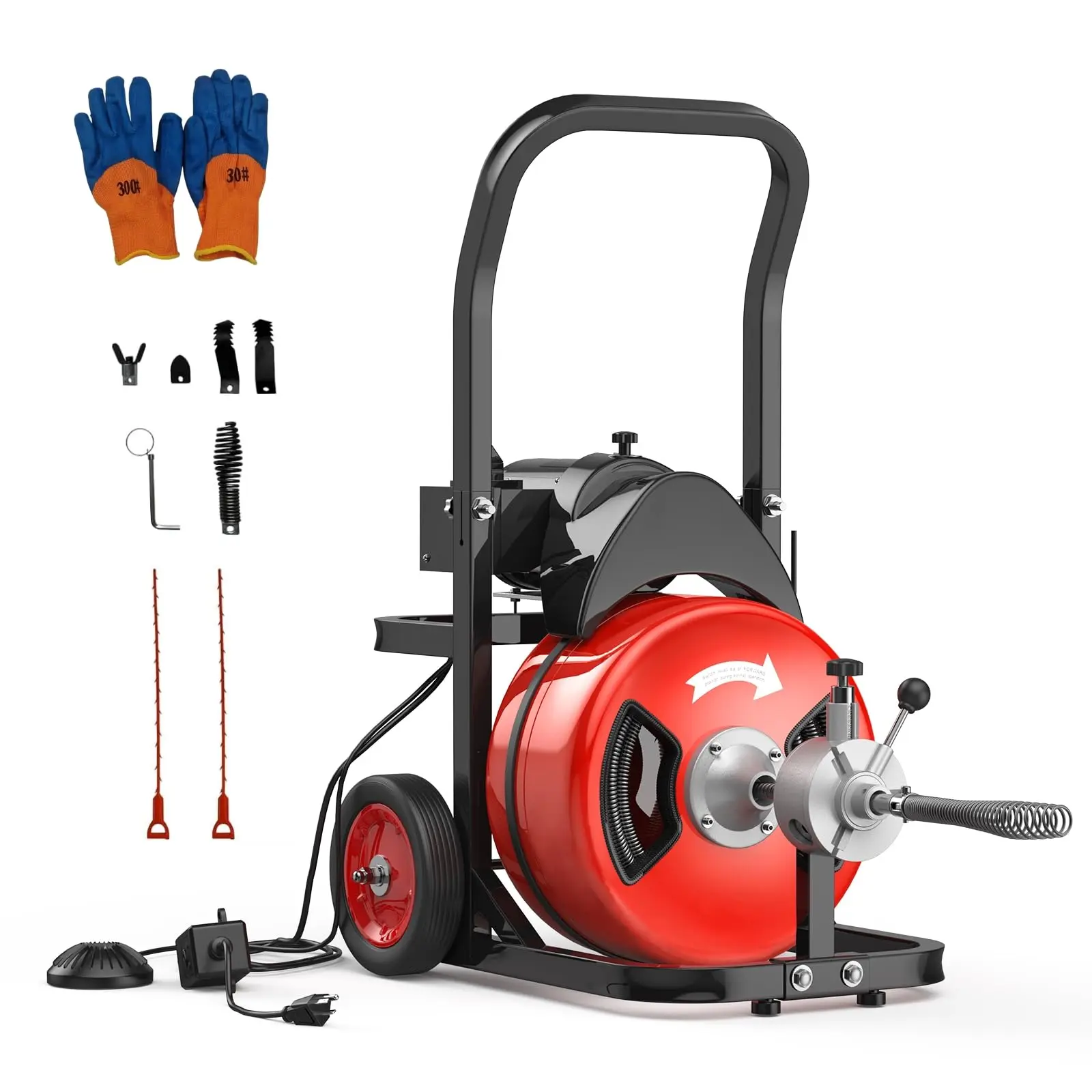 50‑Foot 1/2‑Inch Electric Sewer Snake Drain Auger, Heavy‑Duty Drain Cleaning Machine With 6 Replacement Cutter Heads, Pneumatic Foot Pedal Switch, Portable Plumbing Cleaner for 1‑4 Inch Pipeline, Household & Professional Pipe Maintenance Tool