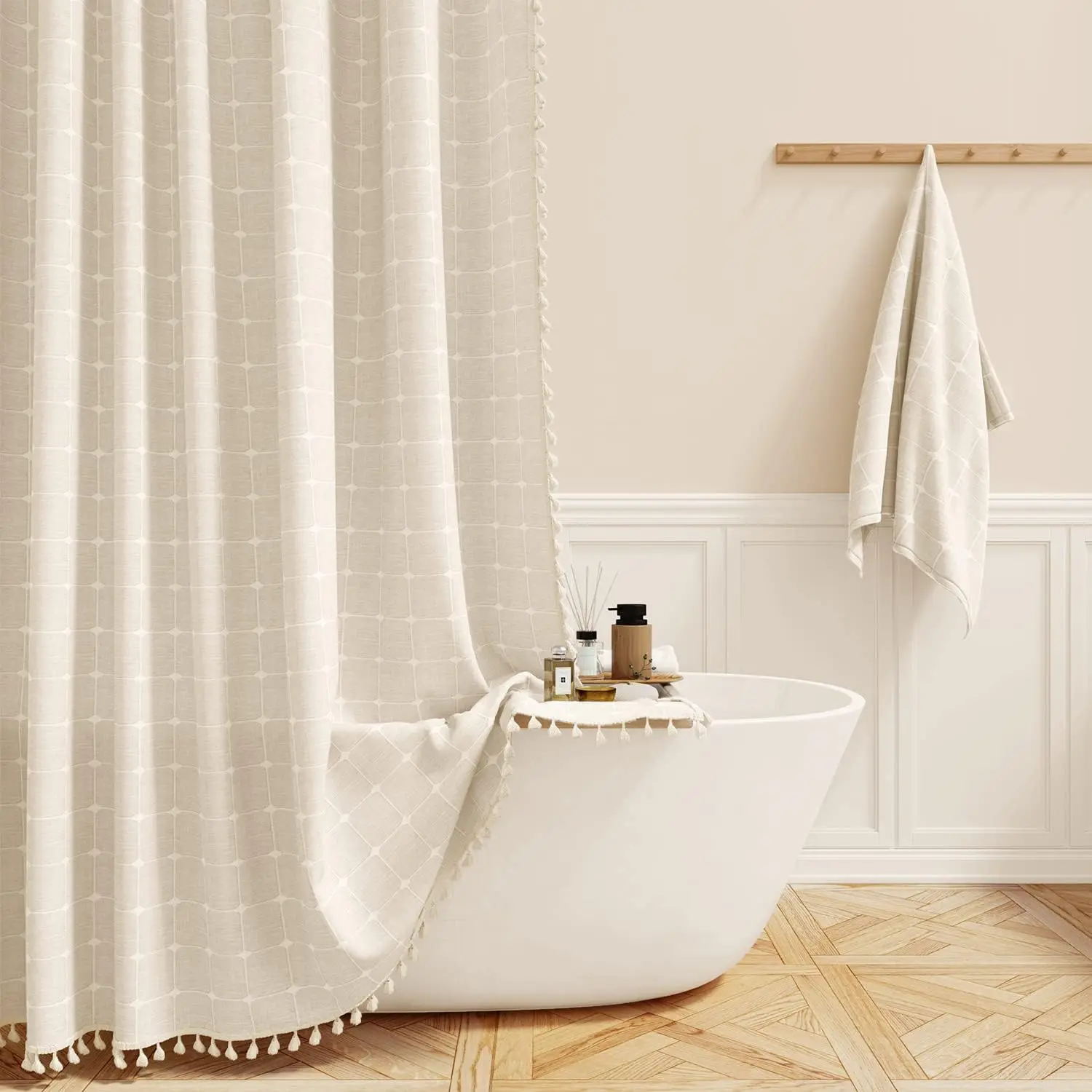 Extra Long Shower Curtain, 72x84 Inch Long Boho Tassel Linen Fabric Shower Curtain Set with Plastic Hooks, Tall Modern Farmhouse French Country Chic Cloth Shower Curtain for Bathroom, Cream/Beige