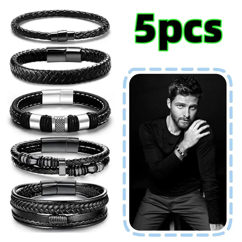 Unisex Hand-Made Leather Bracelets Set (5 Pcs) - Black Braided Leather Cuff, Steel Accent Wristbands, Casual Beauty & Personal Care Accessory for Anniversary, Family Gifting
