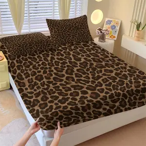 Deep Brown Retro Leopard Print Fitted Sheet Set & 2 Coreless Pillowcases - Leopard Bedding Set - Light Brown Base with Dark Brown and Ink-Brown Leopard Spots - Comfortable Non-Slip Mattress Protector - Sophisticated Urban Style Bedroom Decor