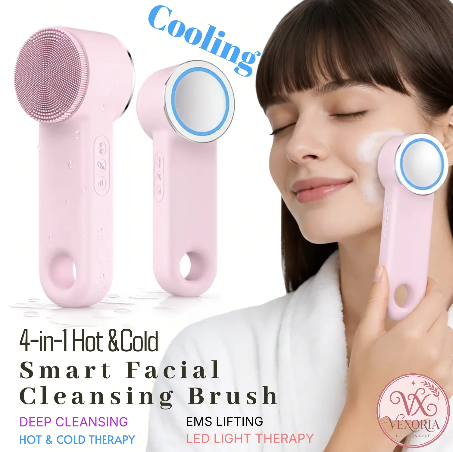 [VEXORIA] 4-in-1 Hot & Cold Smart Facial Cleansing Brush - Silicone Face Scrubber with EMS Microcurrent, Red & Blue LED Light Therapy, IPX7 Waterproof, USB-C Rechargeable for Deep Clean, Lift & Firm Skin, Abs-Care Routine Compatible (Pink), Smart Device,,