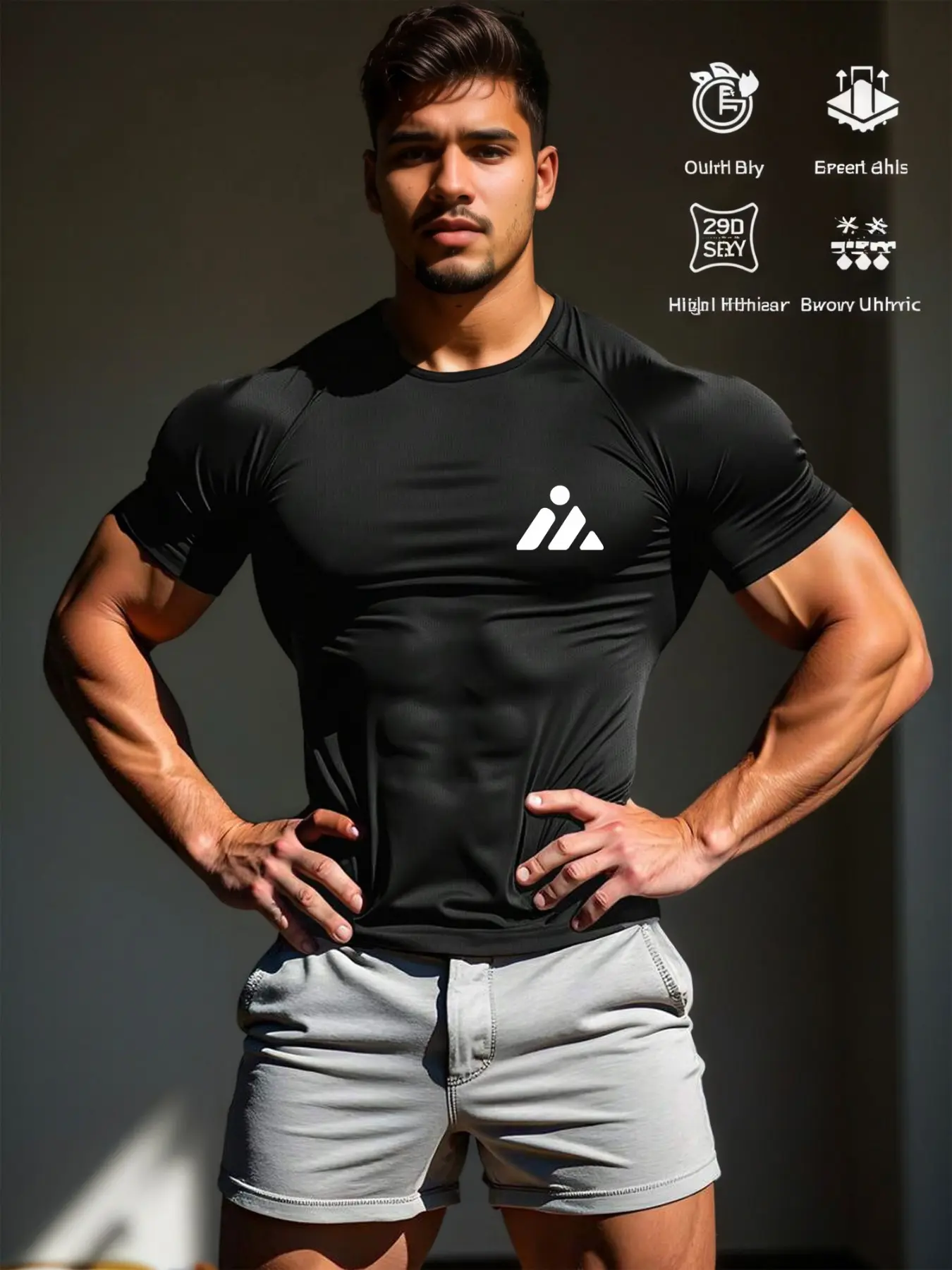Men's Gym High-Intensity Training Tight Fit Shirt, Stretch Quick-Dry Short Sleeve Sport T-Shirt, Breathable Sweat-Wicking Polyester, Summer Fitness Top