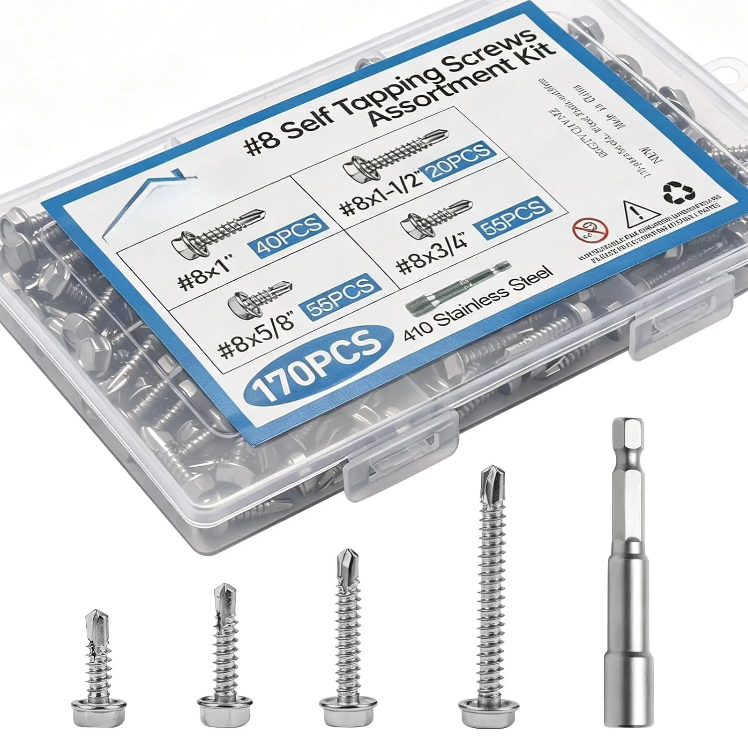 170 count #8 Hex  Self Tapping Screws  Kit. | Stainless Steel Self Drilling Sheet Metal Screws for Metal, , Plastic and , 5/8" 3/4" 1" 1-1/2"