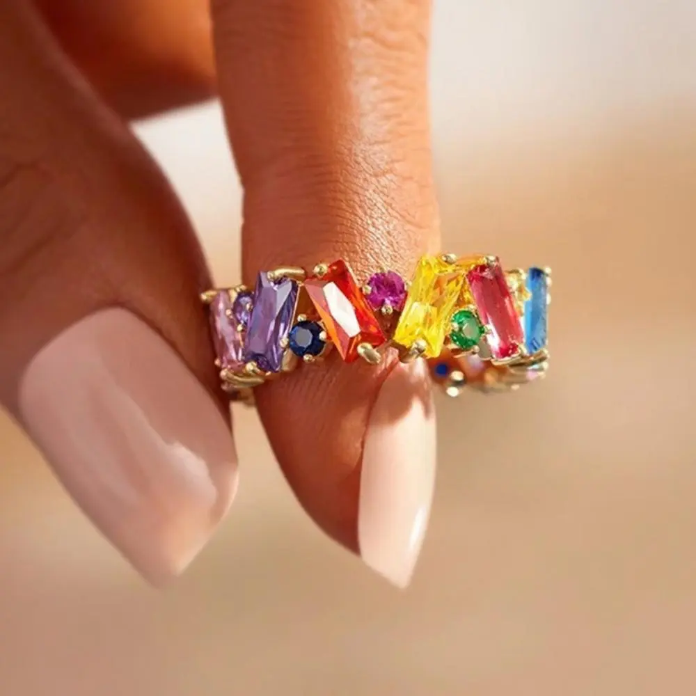 Bling Rainbow Baguette Full Eternity Stackable Party Ring MultiColor Eternity Band cocktail Wedding Ring Promise Anniversary Ring for Colorful Statement statement Rings for Women Stackable Pride Jewelry