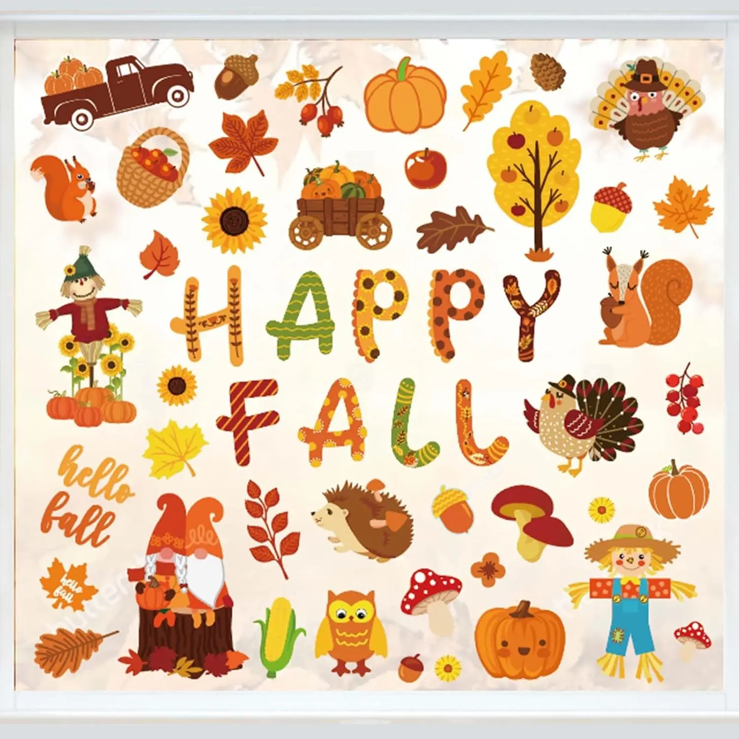 9 Sheets Happy Fall Thanksgiving Window Clings, Autumn Cute Cartoon Static Reusable Glass Decals for Harvest Party Home Classroom Office Decor SuppliesGift
