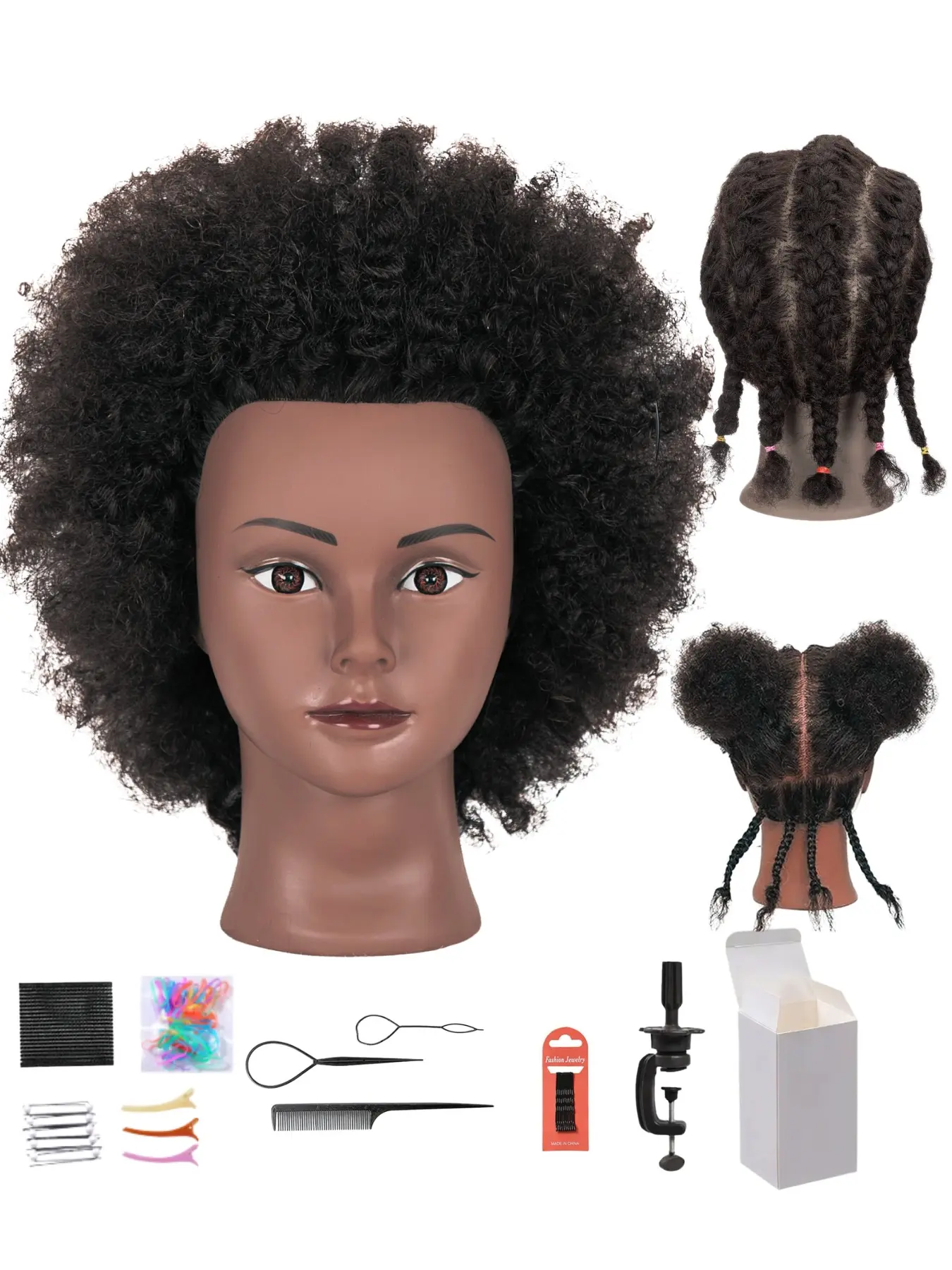 100% Human Hair Mannequin Head with Realistic Eyes for Women and Kids, Afro Curly Hair Styling Training Doll Head with Clamp Stand and Accessories, Professional Cosmetology Practice Model for Braiding, Wig Making, Hair Cutting, Coloring, Makeup Training