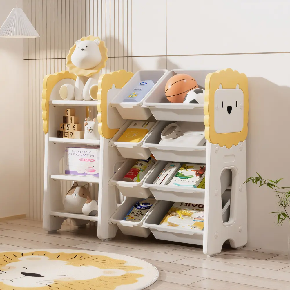 Kids Bookshelf and Toy Storage Organizer, 4-Tier Kids Toy Organizer with 8 Removable Storage Bins, Wooden Bookcase and Bookshelf for Kids, Toy Storage Cabinet, Book Organizer for Toddler, Nursery, Playroom, Bedroom, Classroom, Study Room, Montessori Stora